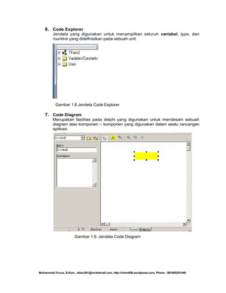 6. Code Explorer
Jendela yang digunakan untuk menampilkan seluruh variabel, type, dan
rountine yang didefinisikan pada sebuah unit.

Gambar 1.8 Jendela Code Explorer

7. Code Diagram
Merupakan fasilitas pada delphi yang digunakan untuk mendesain sebuah
diagram atas komponen – komponen yang digunakan dalam seatu rancangan
aplikasi.

Gambar 1.9. Jendela Code Diagram

Muhammad Yunus, S.Kom., islam291@rocketmail.com, http://mhm658.wordpress.com, Phone : 081805291446

 