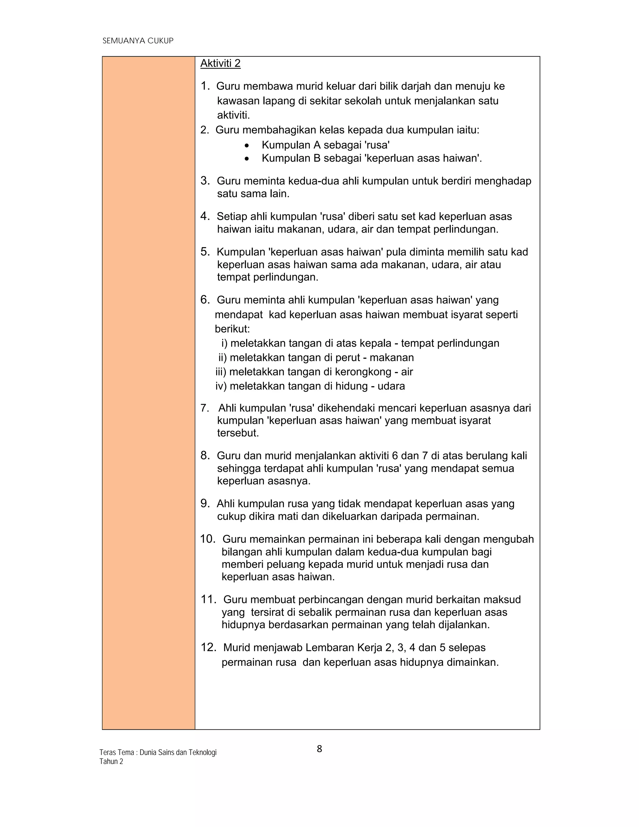   SEMUANYA CUKUP
8 
 
Teras Tema : Dunia Sains dan Teknologi
Tahun 2
Aktiviti 2
1. Guru membawa murid keluar dari bilik darjah dan menuju ke
kawasan lapang di sekitar sekolah untuk menjalankan satu
aktiviti.
2. Guru membahagikan kelas kepada dua kumpulan iaitu:
 Kumpulan A sebagai 'rusa'
 Kumpulan B sebagai 'keperluan asas haiwan'.
3. Guru meminta kedua-dua ahli kumpulan untuk berdiri menghadap
satu sama lain.
4. Setiap ahli kumpulan 'rusa' diberi satu set kad keperluan asas
haiwan iaitu makanan, udara, air dan tempat perlindungan.
5. Kumpulan 'keperluan asas haiwan' pula diminta memilih satu kad
keperluan asas haiwan sama ada makanan, udara, air atau
tempat perlindungan.
6. Guru meminta ahli kumpulan 'keperluan asas haiwan' yang
mendapat kad keperluan asas haiwan membuat isyarat seperti
berikut:
i) meletakkan tangan di atas kepala - tempat perlindungan
ii) meletakkan tangan di perut - makanan
iii) meletakkan tangan di kerongkong - air
iv) meletakkan tangan di hidung - udara
7. Ahli kumpulan 'rusa' dikehendaki mencari keperluan asasnya dari
kumpulan 'keperluan asas haiwan' yang membuat isyarat
tersebut.
8. Guru dan murid menjalankan aktiviti 6 dan 7 di atas berulang kali
sehingga terdapat ahli kumpulan 'rusa' yang mendapat semua
keperluan asasnya.
9. Ahli kumpulan rusa yang tidak mendapat keperluan asas yang
cukup dikira mati dan dikeluarkan daripada permainan.
10. Guru memainkan permainan ini beberapa kali dengan mengubah
bilangan ahli kumpulan dalam kedua-dua kumpulan bagi
memberi peluang kepada murid untuk menjadi rusa dan
keperluan asas haiwan.
11. Guru membuat perbincangan dengan murid berkaitan maksud
yang tersirat di sebalik permainan rusa dan keperluan asas
hidupnya berdasarkan permainan yang telah dijalankan.
12. Murid menjawab Lembaran Kerja 2, 3, 4 dan 5 selepas
permainan rusa dan keperluan asas hidupnya dimainkan.
 