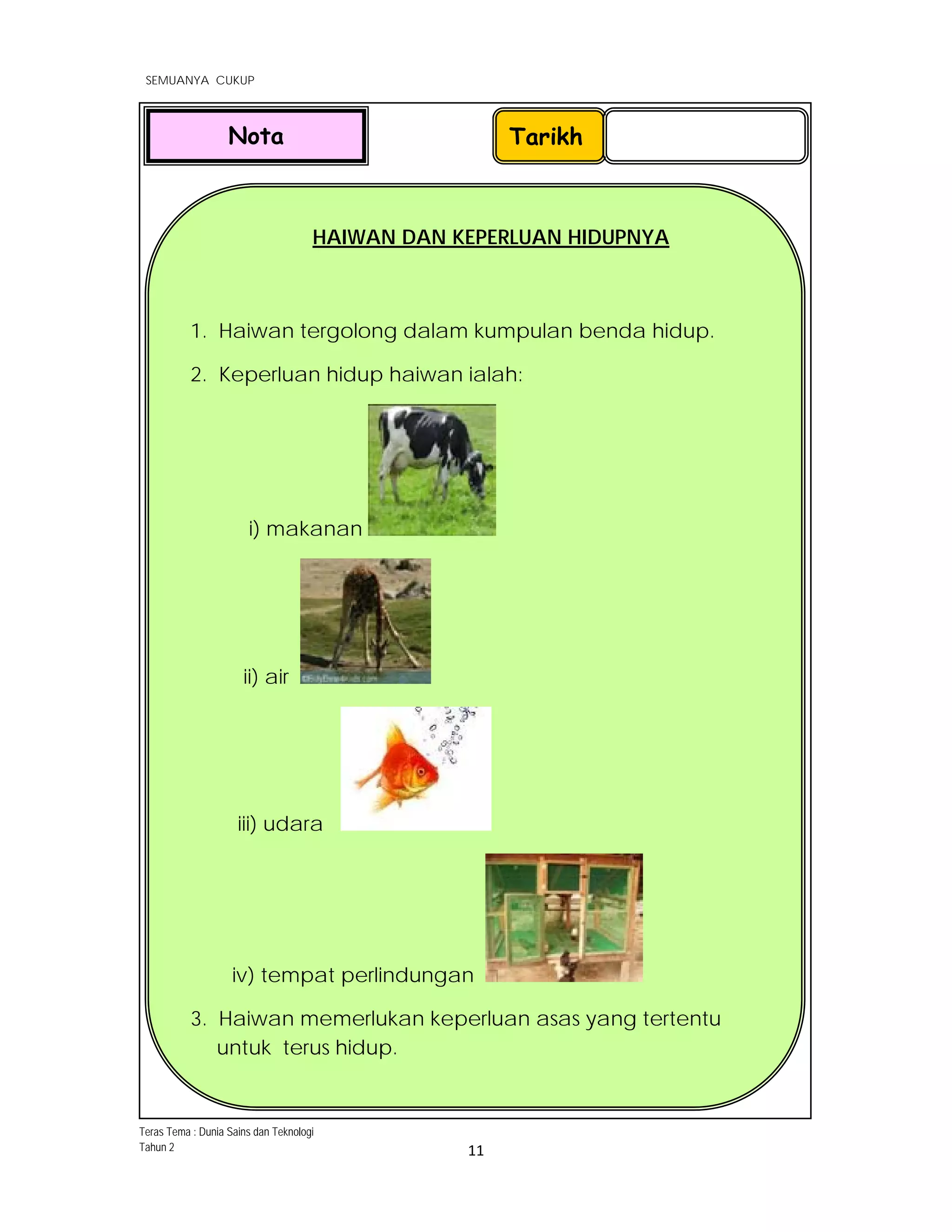  
SEMUANYA CUKUP
 
 
11 
 
HAIWAN DAN KEPERLUAN HIDUPNYA
1. Haiwan tergolong dalam kumpulan benda hidup.
2. Keperluan hidup haiwan ialah:
i) makanan
ii) air
iii) udara
iv) tempat perlindungan
3. Haiwan memerlukan keperluan asas yang tertentu
untuk terus hidup.
TarikhNota
Teras Tema : Dunia Sains dan Teknologi
Tahun 2
 