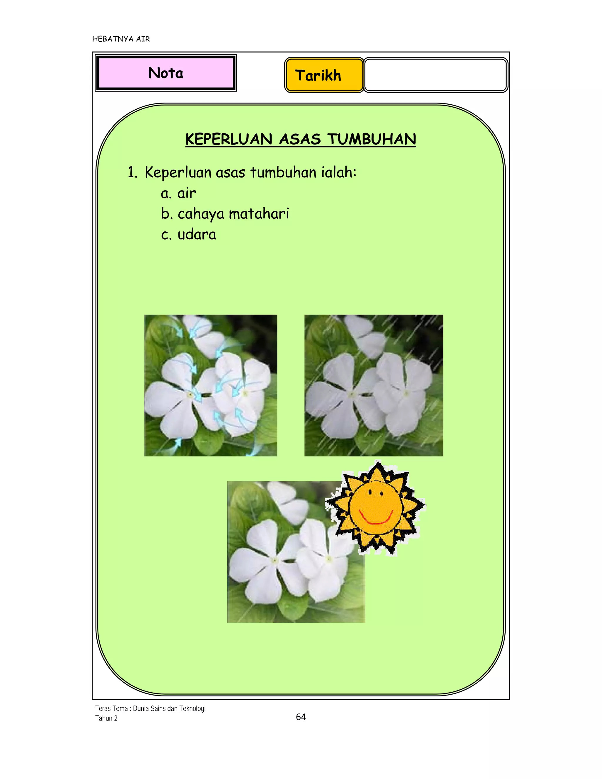 HEBATNYA AIR 
64 
 
KEPERLUAN ASAS TUMBUHAN
1. Keperluan asas tumbuhan ialah:
a. air
b. cahaya matahari
c. udara
 
 
 
 
                
 
TarikhNota
Teras Tema : Dunia Sains dan Teknologi
Tahun 2
 
