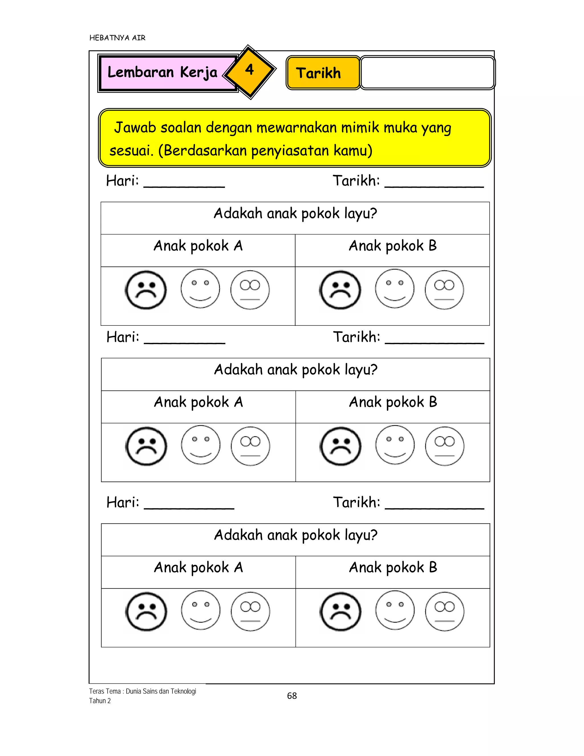 HEBATNYA AIR 
68 
 
Tarikh
Teras Tema : Dunia Sains dan Teknologi
Tahun 2
Lembaran Kerja 4
Jawab soalan dengan mewarnakan mimik muka yang
sesuai. (Berdasarkan penyiasatan kamu)
Hari: _________ Tarikh: ___________
Adakah anak pokok layu?
Anak pokok A Anak pokok B
Hari: _________ Tarikh: ___________
Adakah anak pokok layu?
Anak pokok A Anak pokok B
Hari: __________ Tarikh: ___________
Adakah anak pokok layu?
Anak pokok A Anak pokok B
 