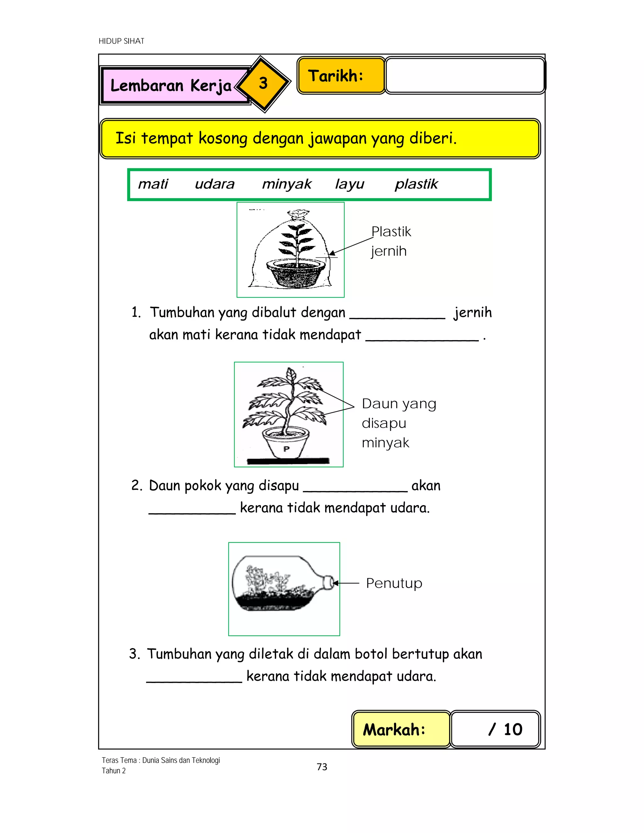 HIDUP SIHAT
73 
 
Tarikh:
Isi tempat kosong dengan jawapan yang diberi.
Lembaran Kerja 3
Markah: / 10
mati udara minyak layu plastik  
1. Tumbuhan yang dibalut dengan ___________ jernih
akan mati kerana tidak mendapat _____________ .
2. Daun pokok yang disapu ____________ akan
__________ kerana tidak mendapat udara.
3. Tumbuhan yang diletak di dalam botol bertutup akan
___________ kerana tidak mendapat udara.  
Plastik
jernih
Daun yang
disapu
minyak
Penutup
Teras Tema : Dunia Sains dan Teknologi
Tahun 2
 