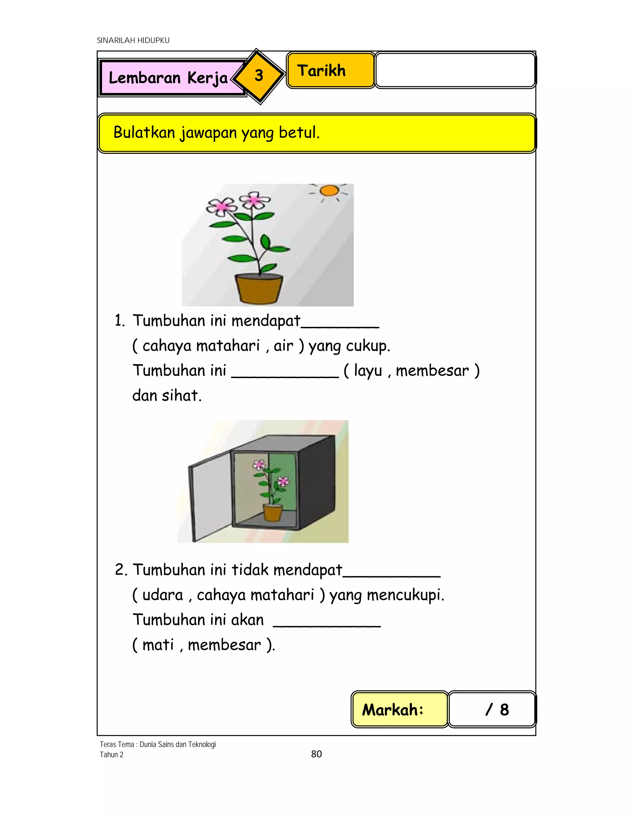 SINARILAH HIDUPKU
80 
 
1. Tumbuhan ini mendapat________
( cahaya matahari , air ) yang cukup.
Tumbuhan ini ___________ ( layu , membesar )
dan sihat.
2. Tumbuhan ini tidak mendapat__________
( udara , cahaya matahari ) yang mencukupi.
Tumbuhan ini akan ___________
( mati , membesar ).
Tarikh
Bulatkan jawapan yang betul.
Lembaran Kerja 3
Markah: / 8
Teras Tema : Dunia Sains dan Teknologi
Tahun 2
 