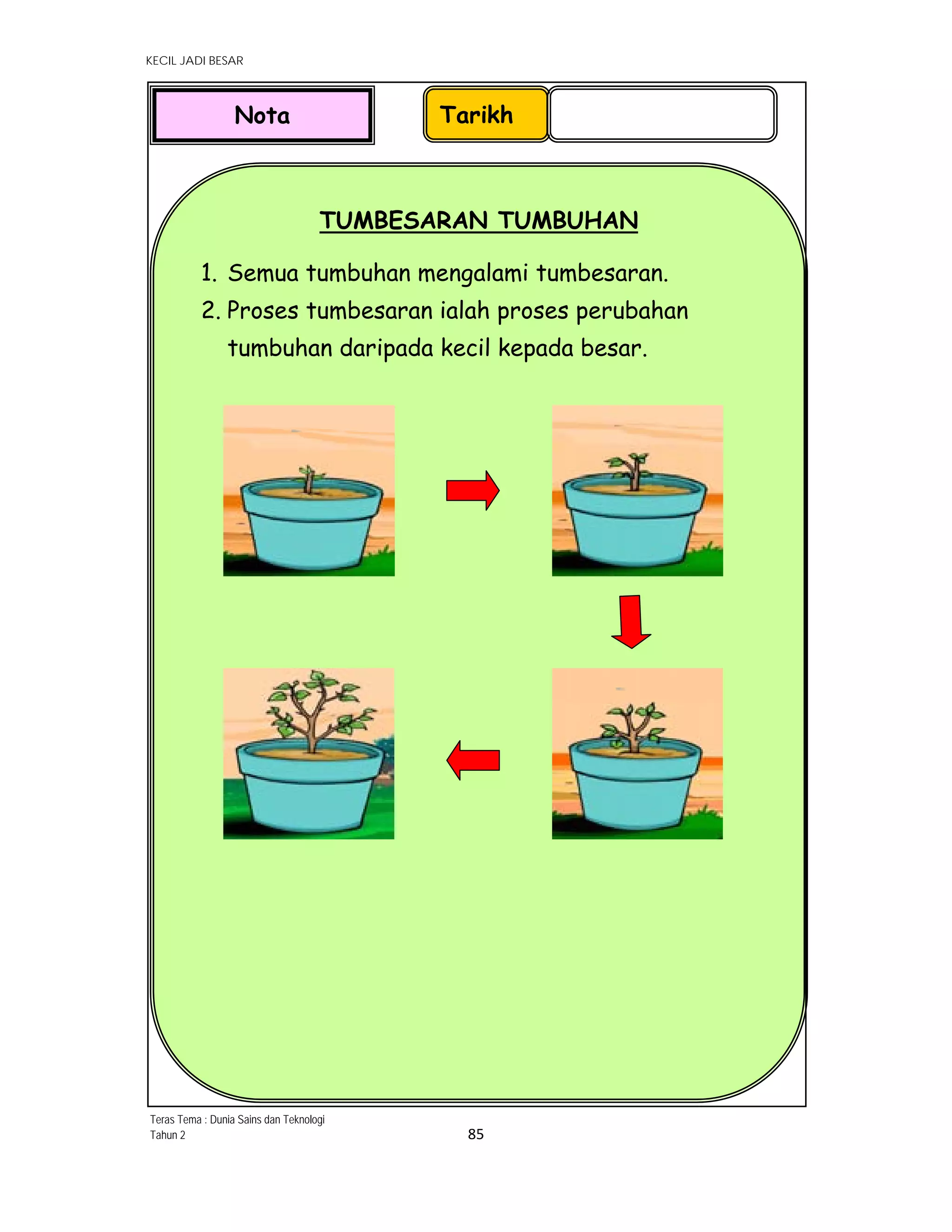 KECIL JADI BESAR
85 
 
TUMBESARAN TUMBUHAN
1. Semua tumbuhan mengalami tumbesaran.
2. Proses tumbesaran ialah proses perubahan
tumbuhan daripada kecil kepada besar.
TarikhNota
Teras Tema : Dunia Sains dan Teknologi
Tahun 2
 