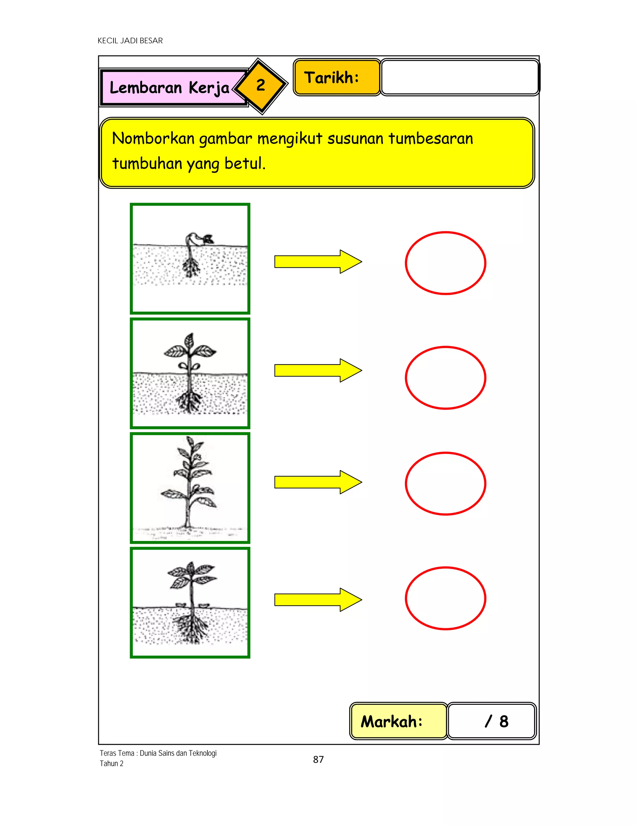 KECIL JADI BESAR
87 
 
Tarikh:
Nomborkan gambar mengikut susunan tumbesaran
tumbuhan yang betul.
Lembaran Kerja 2
Markah: / 8
Teras Tema : Dunia Sains dan Teknologi
Tahun 2
 
