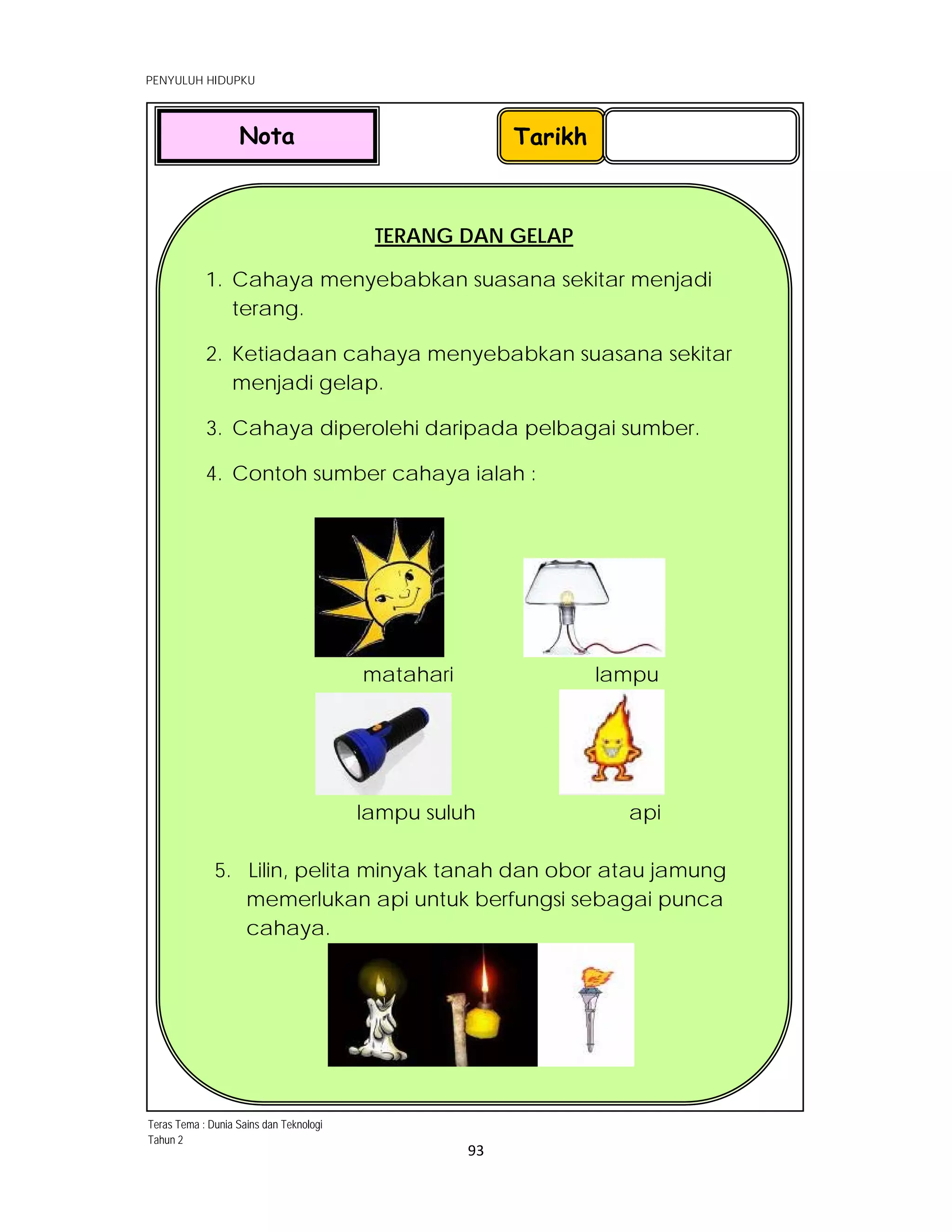  
PENYULUH HIDUPKU
 
 
93 
 
TERANG DAN GELAP
1. Cahaya menyebabkan suasana sekitar menjadi
terang.
2. Ketiadaan cahaya menyebabkan suasana sekitar
menjadi gelap.
3. Cahaya diperolehi daripada pelbagai sumber.
4. Contoh sumber cahaya ialah :
matahari lampu
lampu suluh api
5. Lilin, pelita minyak tanah dan obor atau jamung
memerlukan api untuk berfungsi sebagai punca
cahaya.
TarikhNota
Teras Tema : Dunia Sains dan Teknologi
Tahun 2
 