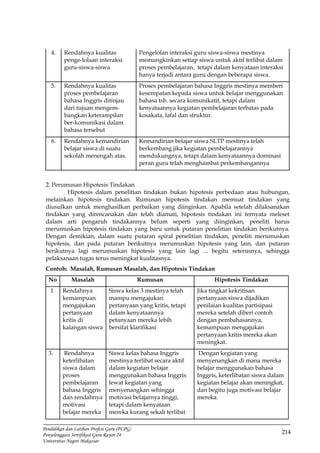 214
Pendidikan dan Latihan Profesi Guru (PLPG)
Penyelenggara Sertifikasi Guru Rayon 24
Universitas Negeri Makassar
4. Rendahnya kualitas
penge-lolaan interaksi
guru-siswa-siswa
Pengelolan interaksi guru siswa-siswa mestinya
memungkinkan setiap siswa untuk aktif terlibat dalam
proses pembelajaran, tetapi dalam kenyataan interaksi
hanya terjadi antara guru dengan beberapa siswa.
5. Rendahnya kualitas
proses pembelajaran
bahasa Inggris ditinjau
dari tujuan mengem-
bangkan keterampilan
ber-komunikasi dalam
bahasa tersebut
Proses pembelajaran bahasa Inggris mestinya memberi
kesempatan kepada siswa untuk belajar menggunakan
bahasa tsb. secara komunikatif, tetapi dalam
kenyataannya kegiatan pembelajaran terbatas pada
kosakata, lafal dan struktur.
6. Rendahnya kemandirian
belajar siswa di suatu
sekolah menengah atas.
Kemandirian belajar siswa SLTP mestinya telah
berkembang jika kegiatan pembelajarannya
mendukungnya, tetapi dalam kenyataannya dominasi
peran guru telah menghambat perkembangannya
2. Perumusan Hipotesis Tindakan
Hipotesis dalam penelitian tindakan bukan hipotesis perbedaan atau hubungan,
melainkan hipotesis tindakan. Rumusan hipotesis tindakan memuat tindakan yang
diusulkan untuk menghasilkan perbaikan yang diinginkan. Apabila setelah dilaksanakan
tindakan yang direncanakan dan telah diamati, hipotesis tindakan ini ternyata meleset
dalam arti pengaruh tindakannya belum seperti yang diinginkan, peneliti harus
merumuskan hipotesis tindakan yang baru untuk putaran penelitian tindakan berikutnya.
Dengan demikian, dalam suatu putaran spiral penelitian tindakan, peneliti merumuskan
hipotesis, dan pada putaran berikutnya merumuskan hipotesis yang lain, dan putaran
berikutnya lagi merumuskan hipotesis yang lain lagi ... begitu seterusnya, sehingga
pelaksanaan tugas terus meningkat kualitasnya.
Contoh: Masalah, Rumusan Masalah, dan Hipotesis Tindakan
No Masalah Rumusan Hipotesis Tindakan
1. Rendahnya
kemampuan
mengajukan
pertanyaan
kritis di
kalangan siswa
Siswa kelas 3 mestinya telah
mampu mengajukan
pertanyaan yang kritis, tetapi
dalam kenyataannya
petanyaan mereka lebih
bersifat klarifikasi
Jika tingkat kekritisan
pertanyaan siswa dijadikan
penilaian kualitas partisipasi
mereka setelah diberi contoh
dengan pembahasannya,
kemampuan mengajukan
pertanyaan kritis mereka akan
meningkat.
3. Rendahnya
keterlibatan
siswa dalam
proses
pembelajaran
bahasa Inggris
dan rendahnya
motivasi
belajar mereka
Siswa kelas bahasa Inggris
mestinya terlibat secara aktif
dalam kegiatan belajar
menggunakan bahasa Inggris
lewat kegiatan yang
menyenangkan sehingga
motivasi belajarnya tinggi,
tetapi dalam kenyataan
mereka kurang sekali terlibat
Dengan kegiatan yang
menyenangkan di mana mereka
belajar menggunakan bahasa
Inggris, keterlibatan siswa dalam
kegiatan belajar akan meningkat,
dan begitu juga motivasi belajar
mereka.
 