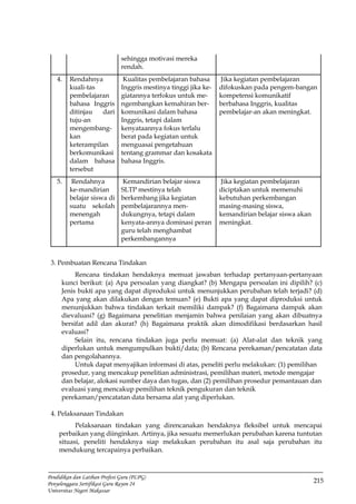 215
Pendidikan dan Latihan Profesi Guru (PLPG)
Penyelenggara Sertifikasi Guru Rayon 24
Universitas Negeri Makassar
sehingga motivasi mereka
rendah.
4. Rendahnya
kuali-tas
pembelajaran
bahasa Inggris
ditinjau dari
tuju-an
mengembang-
kan
keterampilan
berkomunikasi
dalam bahasa
tersebut
Kualitas pembelajaran bahasa
Inggris mestinya tinggi jika ke-
giatannya terfokus untuk me-
ngembangkan kemahiran ber-
komunikasi dalam bahasa
Inggris, tetapi dalam
kenyataannya fokus terlalu
berat pada kegiatan untuk
menguasai pengetahuan
tentang grammar dan kosakata
bahasa Inggris.
Jika kegiatan pembelajaran
difokuskan pada pengem-bangan
kompetensi komunikatif
berbahasa Inggris, kualitas
pembelajar-an akan meningkat.
5. Rendahnya
ke-mandirian
belajar siswa di
suatu sekolah
menengah
pertama
Kemandirian belajar siswa
SLTP mestinya telah
berkembang jika kegiatan
pembelajarannya men-
dukungnya, tetapi dalam
kenyata-annya dominasi peran
guru telah menghambat
perkembangannya
Jika kegiatan pembelajaran
diciptakan untuk memenuhi
kebutuhan perkembangan
masing-masing siswa,
kemandirian belajar siswa akan
meningkat.
3. Pembuatan Rencana Tindakan
Rencana tindakan hendaknya memuat jawaban terhadap pertanyaan-pertanyaan
kunci berikut: (a) Apa persoalan yang diangkat? (b) Mengapa persoalan ini dipilih? (c)
Jenis bukti apa yang dapat diproduksi untuk menunjukkan perubahan telah terjadi? (d)
Apa yang akan dilakukan dengan temuan? (e) Bukti apa yang dapat diproduksi untuk
menunjukkan bahwa tindakan terkait memiliki dampak? (f) Bagaimana dampak akan
dievaluasi? (g) Bagaimana penelitian menjamin bahwa penilaian yang akan dibuatnya
bersifat adil dan akurat? (h) Bagaimana praktik akan dimodifikasi berdasarkan hasil
evaluasi?
Selain itu, rencana tindakan juga perlu memuat: (a) Alat-alat dan teknik yang
diperlukan untuk mengumpulkan bukti/data; (b) Rencana perekaman/pencatatan data
dan pengolahannya.
Untuk dapat menyajikan informasi di atas, peneliti perlu melakukan: (1) pemilihan
prosedur, yang mencakup penelitian administrasi, pemilihan materi, metode mengajar
dan belajar, alokasi sumber daya dan tugas, dan (2) pemilihan prosedur pemantauan dan
evaluasi yang mencakup pemilihan teknik pengukuran dan teknik
perekaman/pencatatan data bersama alat yang diperlukan.
4. Pelaksanaan Tindakan
Pelaksanaan tindakan yang direncanakan hendaknya fleksibel untuk mencapai
perbaikan yang diinginkan. Artinya, jika sesuatu memerlukan perubahan karena tuntutan
situasi, peneliti hendaknya siap melakukan perubahan itu asal saja perubahan itu
mendukung tercapainya perbaikan.
 