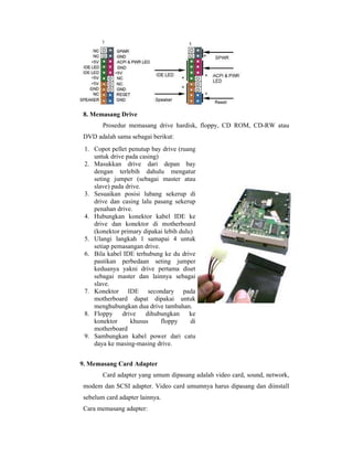 8. Memasang Drive 
Prosedur memasang drive hardisk, floppy, CD ROM, CD-RW atau 
DVD adalah sama sebagai berikut: 
1. Copot pellet penutup bay drive (ruang 
untuk drive pada casing) 
2. Masukkan drive dari depan bay 
dengan terlebih dahulu mengatur 
seting jumper (sebagai master atau 
slave) pada drive. 
3. Sesuaikan posisi lubang sekerup di 
drive dan casing lalu pasang sekerup 
penahan drive. 
4. Hubungkan konektor kabel IDE ke 
drive dan konektor di motherboard 
(konektor primary dipakai lebih dulu) 
5. Ulangi langkah 1 samapai 4 untuk 
setiap pemasangan drive. 
6. Bila kabel IDE terhubung ke du drive 
pastikan perbedaan seting jumper 
keduanya yakni drive pertama diset 
sebagai master dan lainnya sebagai 
slave. 
7. Konektor IDE secondary pada 
motherboard dapat dipakai untuk 
menghubungkan dua drive tambahan. 
8. Floppy drive dihubungkan ke 
konektor khusus floppy di 
motherboard 
9. Sambungkan kabel power dari catu 
daya ke masing-masing drive. 
9. Memasang Card Adapter 
Card adapter yang umum dipasang adalah video card, sound, network, 
modem dan SCSI adapter. Video card umumnya harus dipasang dan diinstall 
sebelum card adapter lainnya. 
Cara memasang adapter: 
 