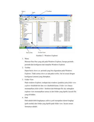 Gambar 2 : Windows Explorer 
1. Menu 
Memuat fitur-fitur yang ada pada Windows Explorer, berupa perintah-perintah 
dan konfigurasi dari tampilan Windows Explorer 
2. Toolbar 
Papan berisi short-cut perintah yang bisa digunakan pada Windows 
Explorer. Tidak semua short-cut ada pada toolbar, hal ini sesuai dengan 
konfigurasi (aturan) yang ditetapkan. 
3. Folder View 
Pada windows Explorer, terdapat dua windows (jendela) yaitu folder view 
explorer disebelah kiri dan view disebelah kanan. Folder view hanya 
menampilkan folder-folder / direktori dan beberapa file zip, sedangkan 
explorer view menampilkan semua isi dari folder yang dipilih, kecuali file 
yang di-hidden. 
4. Path 
Path adalah lebih lengkapnya address path merupakan alamat lengkap 
(path mutlak) dari folder yang dipilih pada folder view. Secara umum 
formatnya adalah : 
 