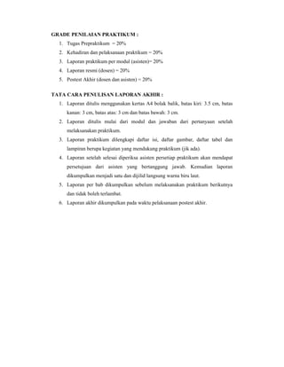 GRADE PENILAIAN PRAKTIKUM : 
1. Tugas Prepraktikum = 20% 
2. Kehadiran dan pelaksanaan praktikum = 20% 
3. Laporan praktikum per modul (asisten)= 20% 
4. Laporan resmi (dosen) = 20% 
5. Postest Akhir (dosen dan asisten) = 20% 
TATA CARA PENULISAN LAPORAN AKHIR : 
1. Laporan ditulis menggunakan kertas A4 bolak balik, batas kiri: 3.5 cm, batas 
kanan: 3 cm, batas atas: 3 cm dan batas bawah: 3 cm. 
2. Laporan ditulis mulai dari modul dan jawaban dari pertanyaan setelah 
melaksanakan praktikum. 
3. Laporan praktikum dilengkapi daftar isi, daftar gambar, daftar tabel dan 
lampiran berupa kegiatan yang mendukung praktikum (jik ada). 
4. Laporan setelah selesai diperiksa asisten persetiap praktikum akan mendapat 
persetujuan dari asisten yang bertanggung jawab. Kemudian laporan 
dikumpulkan menjadi satu dan dijilid langsung warna biru laut. 
5. Laporan per bab dikumpulkan sebelum melaksanakan praktikum berikutnya 
dan tidak boleh terlambat. 
6. Laporan akhir dikumpulkan pada waktu pelaksanaan postest akhir. 
 