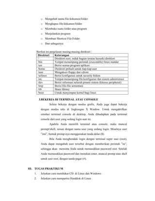o Mengubah nama file/dokumen/folder 
o Menghapus file/dokumen/folder 
o Membuka suatu folder atau program 
o Menjalankan program 
o Membuat Shortcut File Folder 
o Dan sebagainya 
Berikut ini penjelasan masing-masing direktori : 
Direktori Keterangan 
/ Direktori root, induk bagian teratas hierarki direktori 
/bin Tempat menampung perintah (executable) linux standar 
/usr Berisi semua program aplikasi 
/home Direktori pribadi untuk tiap-tiap user 
/mnt Mengakses floppy dan cdrom 
/selinux Berisi konfigurasi untuk security fedora 
/etc Tempat menampung file konfigurasi dan sistem administrasi 
/dev Berisi informasi seluruh piranti sistem (khusus peripheral) 
/tmp Berisi file-file sementara 
/lib Share library 
/boot Untuk menyimpan kernel bagi linux 
3.BEKERJA DI TERMINAL ATAU CONSOLE 
Selain bekerja dengan modus grafis, Anda juga dapat bekerja 
dengan modus teks di lingkungan X Window. Untuk mengaktifkan 
emulasi terminal console di desktop, Anda dihadapkan pada terminal 
console dari user yang sedang login saat ini. 
Apabila Anda memilih terminal atau console, maka muncul 
prompt/shell, sesuai dengan nama user yang sedang login. Misalnya user 
”imi”, bentuk promp-nya menggunakan tanda dolar ($). 
Bila Anda menghendaki login dengan terminal super user (root), 
Anda dapat mengubah user tersebut dengan memberikan perintah ”su”, 
sehingga akan meminta Anda untuk memasukkan password root. Setelah 
Anda memasukkan password dan menekan enter, muncul promp atau shell 
untuk user root, dengan tanda pagar (#). 
III. TUGAS PRAKTIKUM 
1. Jelaskan cara membakar CD di Linux dan Windows 
2. Jelaskan cara mempartisi Harddisk di Linux 
 