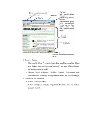 1. Resource Sharing 
 Sharing File (Data, Program) : Suatu data yang kita punya bisa dibaca 
atau diakses oleh user(pengguna komputer) lain yang telah terhubung 
melalui jaringan (Network). 
 Sharing Device (CD-Drive, Harddisk, Printer) : Penggunaan suatu 
device bersama agar dapat meningkatkan efisiensi dan efektifitas kerja. 
2. Komunikasi dan informasi 
 E-Mail (Electronic Mail) 
E-Mail merupakan metode pengiriman dokumen atau file melalui 
jaringan internet. 
 