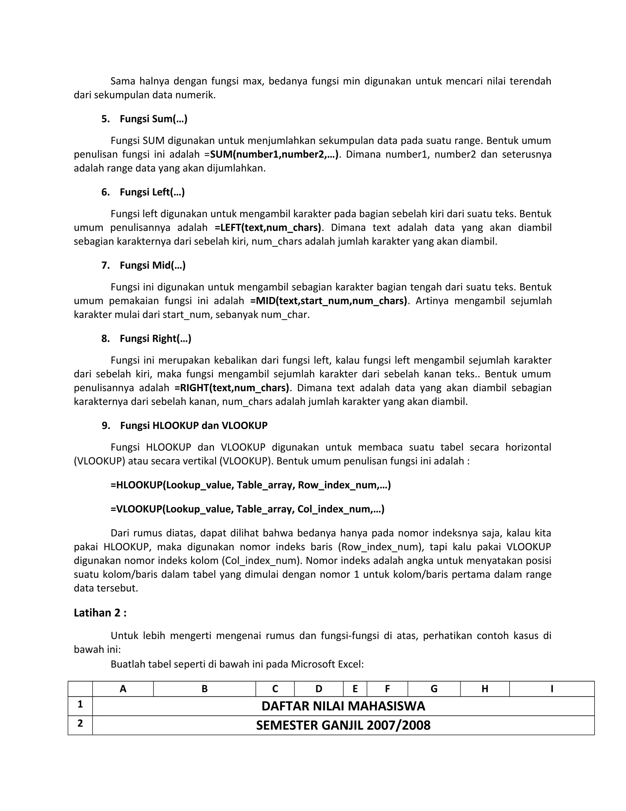 Sama halnya dengan fungsi max, bedanya fungsi min digunakan untuk mencari nilai terendah
dari sekumpulan data numerik.
5. Fungsi Sum(…)
Fungsi SUM digunakan untuk menjumlahkan sekumpulan data pada suatu range. Bentuk umum
penulisan fungsi ini adalah =SUM(number1,number2,…). Dimana number1, number2 dan seterusnya
adalah range data yang akan dijumlahkan.
6. Fungsi Left(…)
Fungsi left digunakan untuk mengambil karakter pada bagian sebelah kiri dari suatu teks. Bentuk
umum penulisannya adalah =LEFT(text,num_chars). Dimana text adalah data yang akan diambil
sebagian karakternya dari sebelah kiri, num_chars adalah jumlah karakter yang akan diambil.
7. Fungsi Mid(…)
Fungsi ini digunakan untuk mengambil sebagian karakter bagian tengah dari suatu teks. Bentuk
umum pemakaian fungsi ini adalah =MID(text,start_num,num_chars). Artinya mengambil sejumlah
karakter mulai dari start_num, sebanyak num_char.
8. Fungsi Right(…)
Fungsi ini merupakan kebalikan dari fungsi left, kalau fungsi left mengambil sejumlah karakter
dari sebelah kiri, maka fungsi mengambil sejumlah karakter dari sebelah kanan teks.. Bentuk umum
penulisannya adalah =RIGHT(text,num_chars). Dimana text adalah data yang akan diambil sebagian
karakternya dari sebelah kanan, num_chars adalah jumlah karakter yang akan diambil.
9. Fungsi HLOOKUP dan VLOOKUP
Fungsi HLOOKUP dan VLOOKUP digunakan untuk membaca suatu tabel secara horizontal
(VLOOKUP) atau secara vertikal (VLOOKUP). Bentuk umum penulisan fungsi ini adalah :
=HLOOKUP(Lookup_value, Table_array, Row_index_num,…)
=VLOOKUP(Lookup_value, Table_array, Col_index_num,…)
Dari rumus diatas, dapat dilihat bahwa bedanya hanya pada nomor indeksnya saja, kalau kita
pakai HLOOKUP, maka digunakan nomor indeks baris (Row_index_num), tapi kalu pakai VLOOKUP
digunakan nomor indeks kolom (Col_index_num). Nomor indeks adalah angka untuk menyatakan posisi
suatu kolom/baris dalam tabel yang dimulai dengan nomor 1 untuk kolom/baris pertama dalam range
data tersebut.

Latihan 2 :
Untuk lebih mengerti mengenai rumus dan fungsi-fungsi di atas, perhatikan contoh kasus di
bawah ini:
Buatlah tabel seperti di bawah ini pada Microsoft Excel:
A
1
2

B

C

D

E

F

G

DAFTAR NILAI MAHASISWA
SEMESTER GANJIL 2007/2008

H

I

 