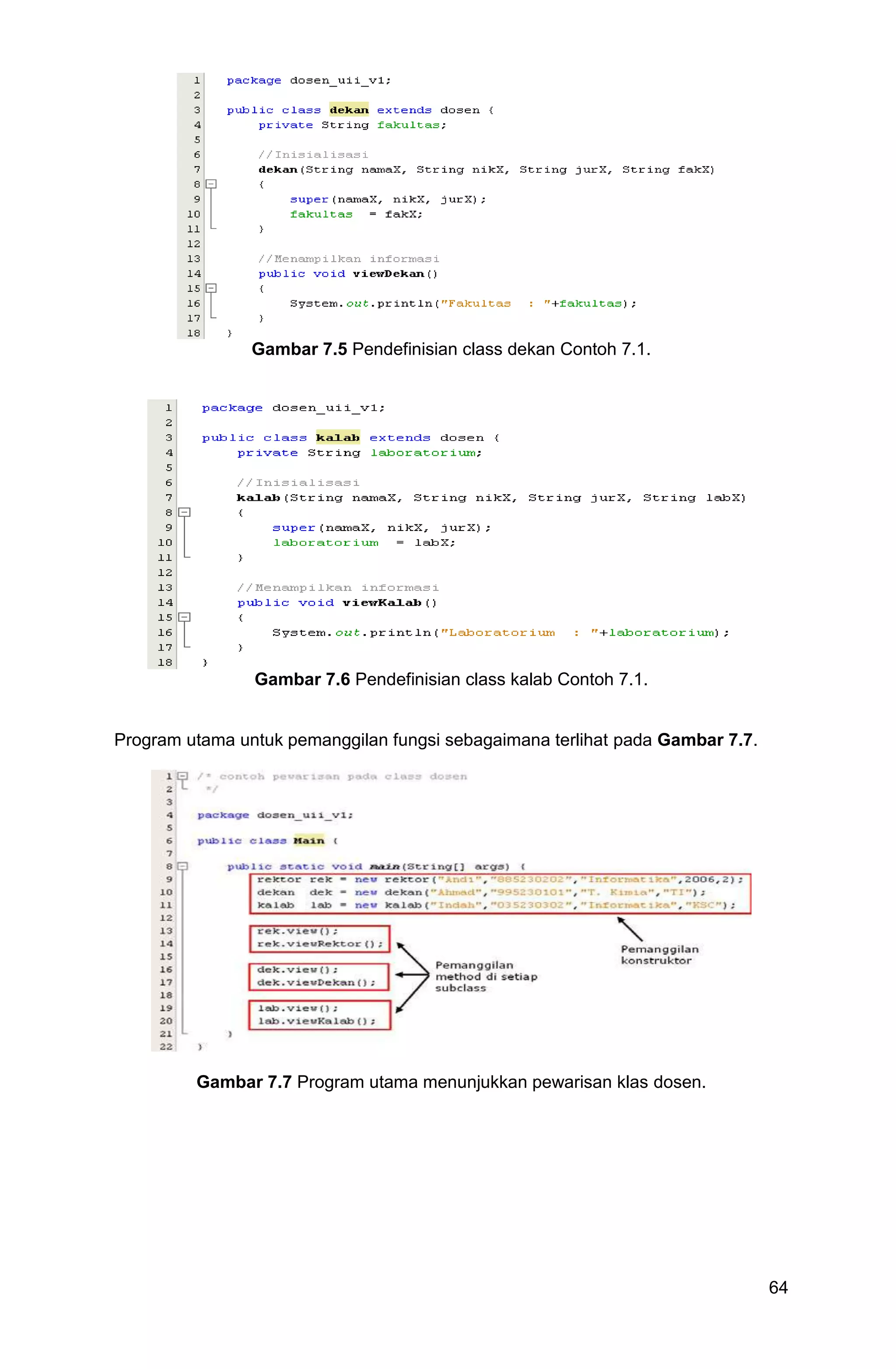 64 Gambar 7.5 Pendefinisian class dekan Contoh 7.1. Gambar 7.6 Pendefinisian class kalab Contoh 7.1. Program utama untuk pemanggilan fungsi sebagaimana terlihat pada Gambar 7.7. Gambar 7.7 Program utama menunjukkan pewarisan klas dosen. 