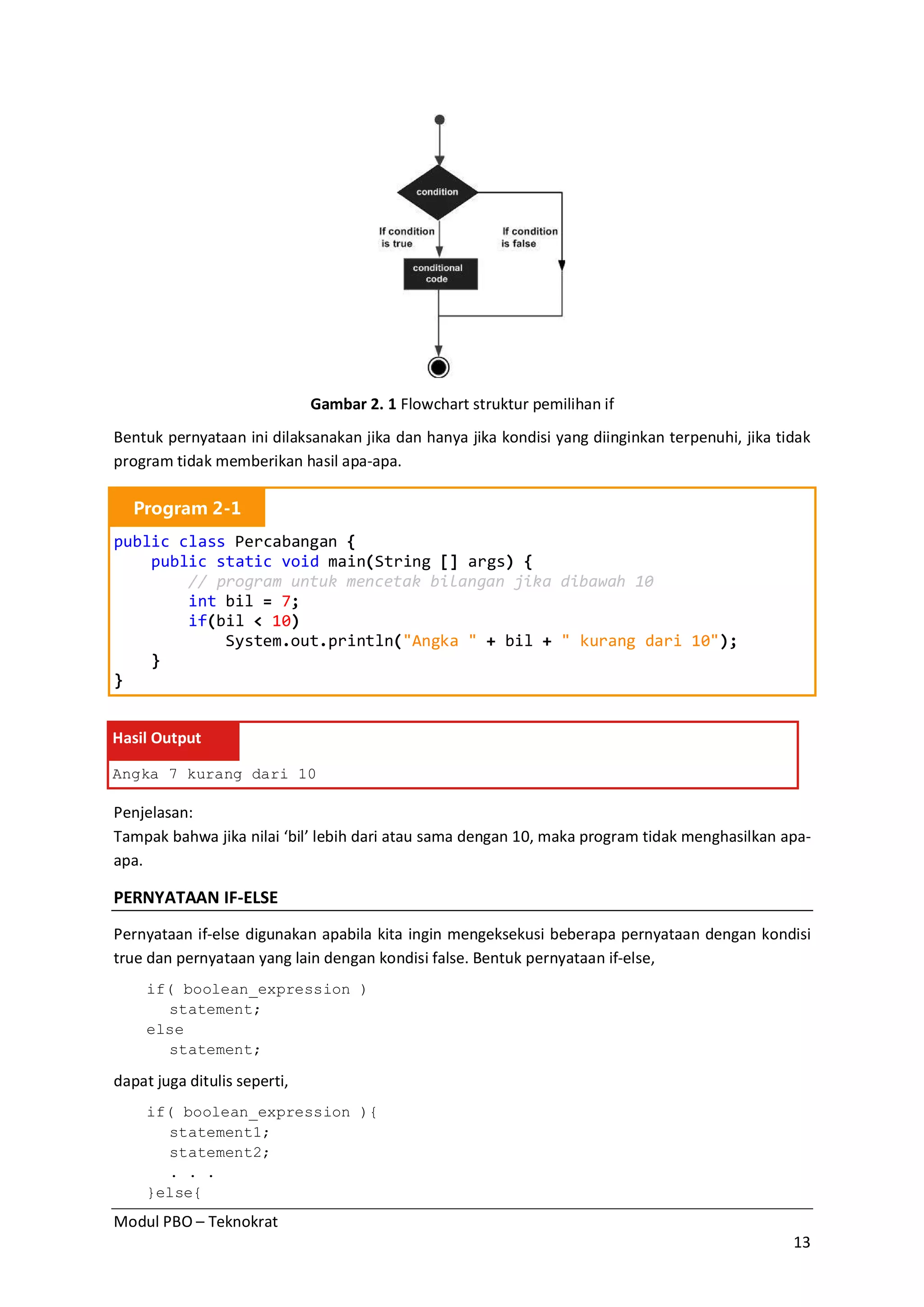 Modul PBO – Teknokrat
13
Gambar 2. 1 Flowchart struktur pemilihan if
Bentuk pernyataan ini dilaksanakan jika dan hanya jika kondisi yang diinginkan terpenuhi, jika tidak
program tidak memberikan hasil apa-apa.
Program 2-1
public class Percabangan {
public static void main(String [] args) {
// program untuk mencetak bilangan jika dibawah 10
int bil = 7;
if(bil < 10)
System.out.println("Angka " + bil + " kurang dari 10");
}
}
Hasil Output
Angka 7 kurang dari 10
Penjelasan:
Tampak bahwa jika nilai ‘bil’ lebih dari atau sama dengan 10, maka program tidak menghasilkan apa-
apa.
PERNYATAAN IF-ELSE
Pernyataan if-else digunakan apabila kita ingin mengeksekusi beberapa pernyataan dengan kondisi
true dan pernyataan yang lain dengan kondisi false. Bentuk pernyataan if-else,
if( boolean_expression )
statement;
else
statement;
dapat juga ditulis seperti,
if( boolean_expression ){
statement1;
statement2;
. . .
}else{
 
