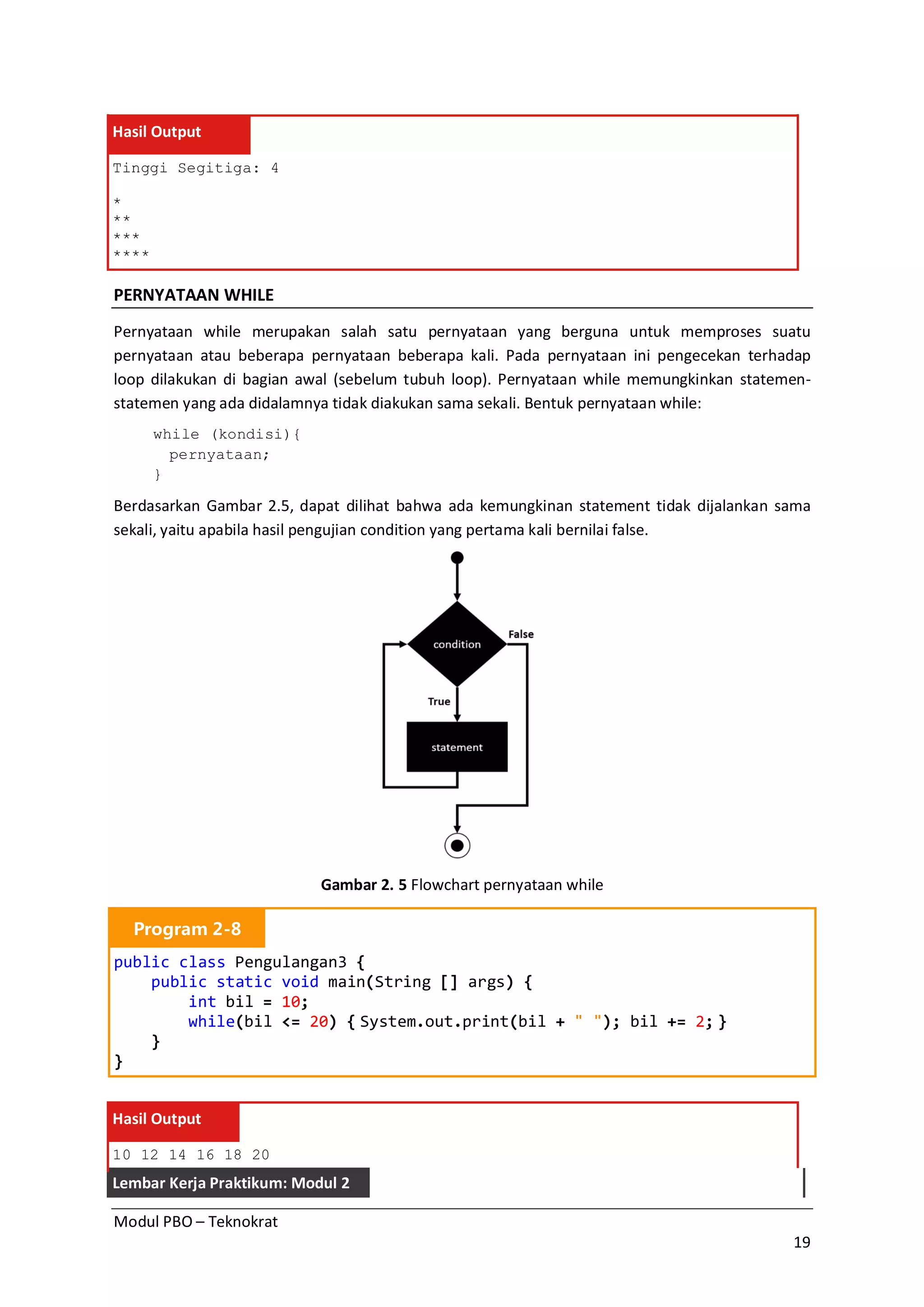 Modul PBO – Teknokrat
19
Hasil Output
Tinggi Segitiga: 4
*
**
***
****
PERNYATAAN WHILE
Pernyataan while merupakan salah satu pernyataan yang berguna untuk memproses suatu
pernyataan atau beberapa pernyataan beberapa kali. Pada pernyataan ini pengecekan terhadap
loop dilakukan di bagian awal (sebelum tubuh loop). Pernyataan while memungkinkan statemen-
statemen yang ada didalamnya tidak diakukan sama sekali. Bentuk pernyataan while:
while (kondisi){
pernyataan;
}
Berdasarkan Gambar 2.5, dapat dilihat bahwa ada kemungkinan statement tidak dijalankan sama
sekali, yaitu apabila hasil pengujian condition yang pertama kali bernilai false.
Gambar 2. 5 Flowchart pernyataan while
Program 2-8
public class Pengulangan3 {
public static void main(String [] args) {
int bil = 10;
while(bil <= 20) { System.out.print(bil + " "); bil += 2; }
}
}
Hasil Output
10 12 14 16 18 20
Lembar Kerja Praktikum: Modul 2
 