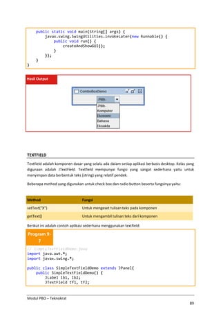 Modul PBO – Teknokrat
89
public static void main(String[] args) {
javax.swing.SwingUtilities.invokeLater(new Runnable() {
public void run() {
createAndShowGUI();
}
});
}
}
Hasil Output
TEXTFIELD
Textfield adalah komponen dasar yang selalu ada dalam setiap aplikasi berbasis desktop. Kelas yang
digunaan adalah JTextField. Textfield mempunyai fungsi yang sangat sederhana yaitu untuk
menyimpan data berbentuk teks (string) yang relatif pendek.
Beberapa method yang digunakan untuk check box dan radio button beserta fungsinya yaitu:
Method Fungsi
setText(“X”) Untuk mengeset tulisan teks pada komponen
getText() Untuk mengambil tulisan teks dari komponen
Berikut ini adalah contoh aplikasi sederhana menggunakan textfield:
Program 9-
7
// SimpleTextFieldDemo.java
import java.awt.*;
import javax.swing.*;
public class SimpleTextFieldDemo extends JPanel{
public SimpleTextFieldDemo() {
JLabel lb1, lb2;
JTextField tf1, tf2;
 