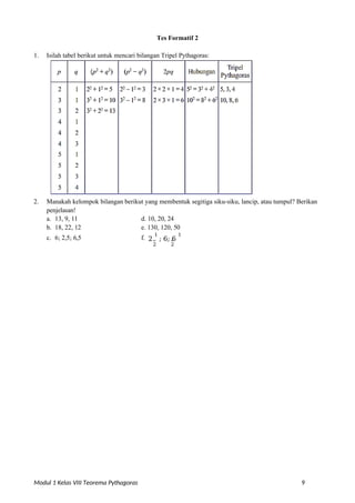 Modul 1 Kelas VIII Teorema Pythagoras 9
Tes Formatif 2
1. Isilah tabel berikut untuk mencari bilangan Tripel Pythagoras:
2. Manakah kelompok bilangan berikut yang membentuk segitiga siku-siku, lancip, atau tumpul? Berikan
penjelasan!
a. 13, 9, 11 d. 10, 20, 24
b. 18, 22, 12 e. 130, 120, 50
c. 6; 2,5; 6,5 f. 2
1
; 6; 6
1
2 2
 
