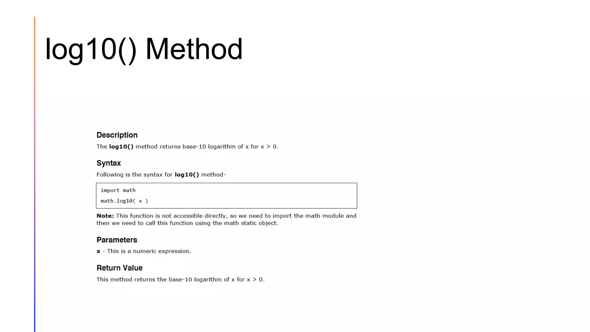 log10() Method
 