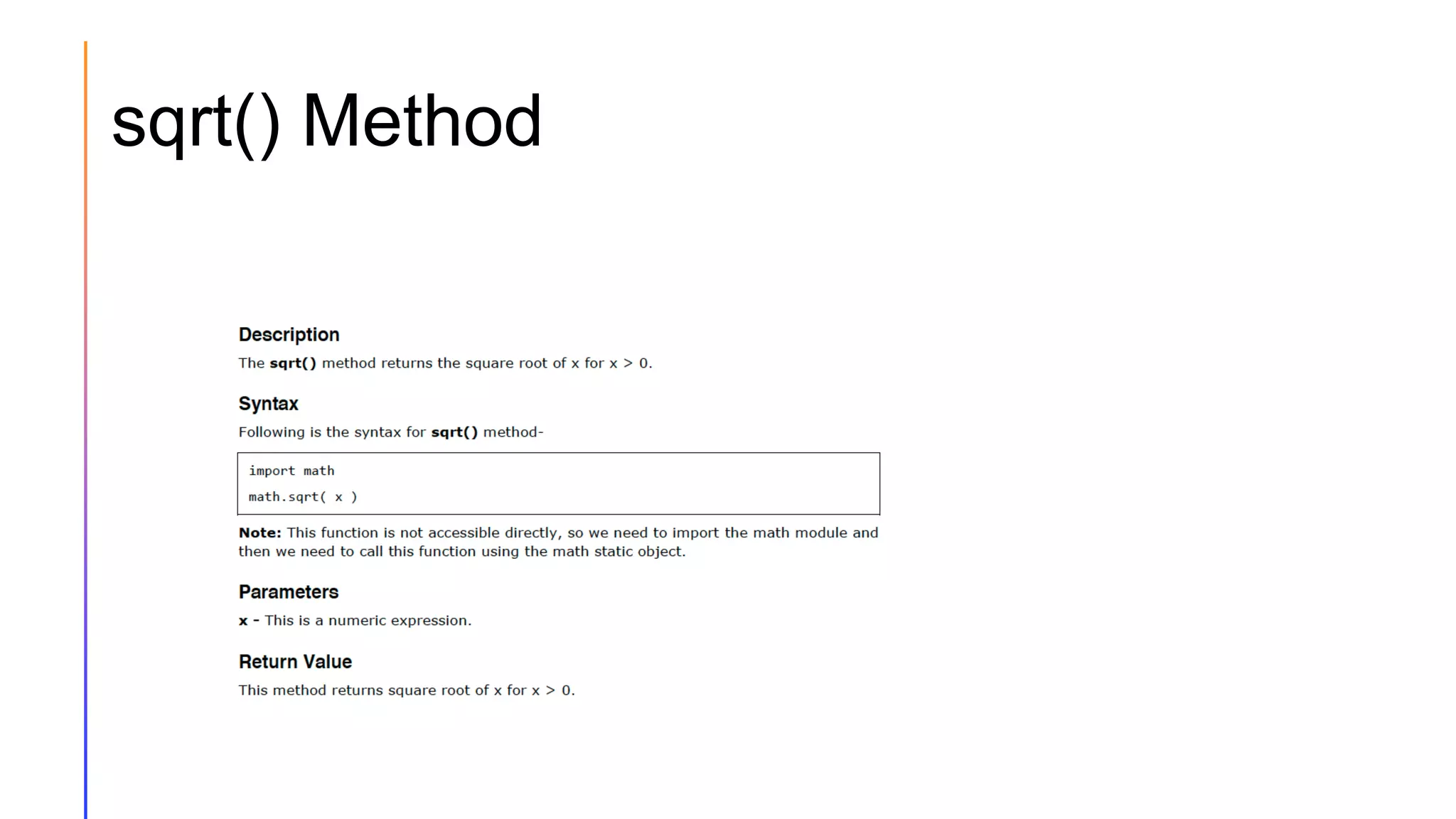 sqrt() Method
 
