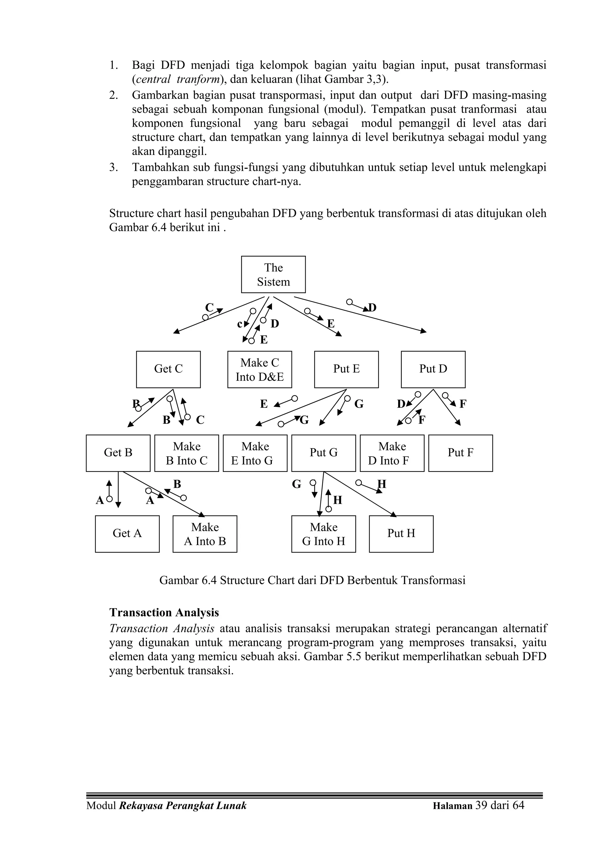 1.   Bagi DFD menjadi tiga kelompok bagian yaitu bagian input, pusat transformasi
          (central tranform), dan keluaran (lihat Gambar 3,3).
     2.   Gambarkan bagian pusat transpormasi, input dan output dari DFD masing-masing
          sebagai sebuah komponan fungsional (modul). Tempatkan pusat tranformasi atau
          komponen fungsional yang baru sebagai modul pemanggil di level atas dari
          structure chart, dan tempatkan yang lainnya di level berikutnya sebagai modul yang
          akan dipanggil.
     3.   Tambahkan sub fungsi-fungsi yang dibutuhkan untuk setiap level untuk melengkapi
          penggambaran structure chart-nya.

     Structure chart hasil pengubahan DFD yang berbentuk transformasi di atas ditujukan oleh
     Gambar 6.4 berikut ini .


                                           The
                                          Sistem

                                C                                     D
                                      c       D            E
                                          E

              Get C                   Make C                Put E                     Put D
                                     Into D&E

          B                               E                       G            D                F
                  B         C                      G                                  F

   Get B            Make               Make             Put G           Make                  Put F
                   B Into C          E Into G                         D Into F
                      B                            G                      H
 A            A                                             H

     Get A                 Make                         Make                  Put H
                          A Into B                     G Into H


                  Gambar 6.4 Structure Chart dari DFD Berbentuk Transformasi

     Transaction Analysis
     Transaction Analysis atau analisis transaksi merupakan strategi perancangan alternatif
     yang digunakan untuk merancang program-program yang memproses transaksi, yaitu
     elemen data yang memicu sebuah aksi. Gambar 5.5 berikut memperlihatkan sebuah DFD
     yang berbentuk transaksi.




Modul Rekayasa Perangkat Lunak                                                            Halaman 39 dari 64
 
