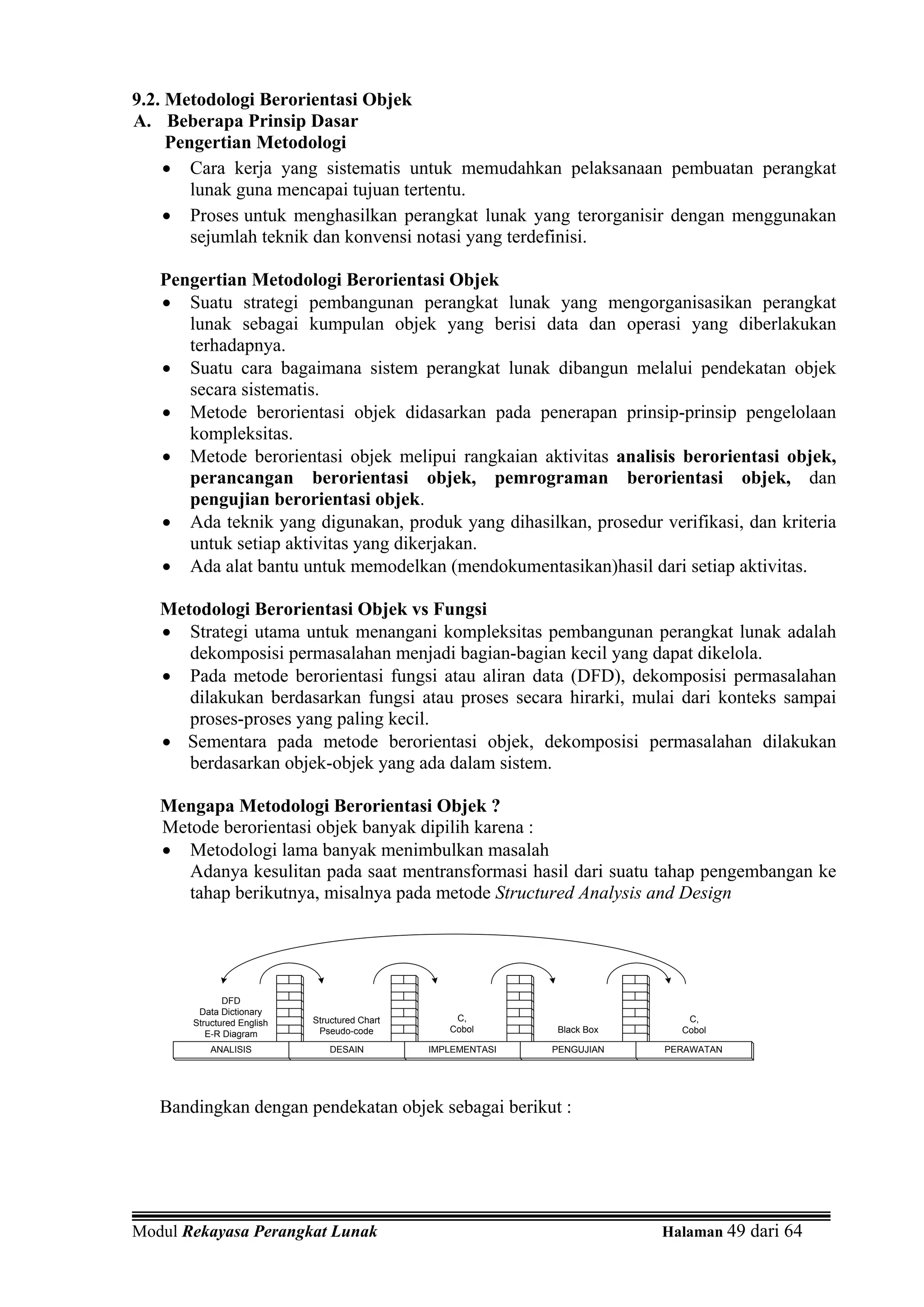 9.2. Metodologi Berorientasi Objek
A. Beberapa Prinsip Dasar
     Pengertian Metodologi
    • Cara kerja yang sistematis untuk memudahkan pelaksanaan pembuatan perangkat
        lunak guna mencapai tujuan tertentu.
    • Proses untuk menghasilkan perangkat lunak yang terorganisir dengan menggunakan
        sejumlah teknik dan konvensi notasi yang terdefinisi.

   Pengertian Metodologi Berorientasi Objek
   • Suatu strategi pembangunan perangkat lunak yang mengorganisasikan perangkat
      lunak sebagai kumpulan objek yang berisi data dan operasi yang diberlakukan
      terhadapnya.
   • Suatu cara bagaimana sistem perangkat lunak dibangun melalui pendekatan objek
      secara sistematis.
   • Metode berorientasi objek didasarkan pada penerapan prinsip-prinsip pengelolaan
      kompleksitas.
   • Metode berorientasi objek melipui rangkaian aktivitas analisis berorientasi objek,
      perancangan berorientasi objek, pemrograman berorientasi objek, dan
      pengujian berorientasi objek.
   • Ada teknik yang digunakan, produk yang dihasilkan, prosedur verifikasi, dan kriteria
      untuk setiap aktivitas yang dikerjakan.
   • Ada alat bantu untuk memodelkan (mendokumentasikan)hasil dari setiap aktivitas.

   Metodologi Berorientasi Objek vs Fungsi
   • Strategi utama untuk menangani kompleksitas pembangunan perangkat lunak adalah
      dekomposisi permasalahan menjadi bagian-bagian kecil yang dapat dikelola.
   • Pada metode berorientasi fungsi atau aliran data (DFD), dekomposisi permasalahan
      dilakukan berdasarkan fungsi atau proses secara hirarki, mulai dari konteks sampai
      proses-proses yang paling kecil.
   • Sementara pada metode berorientasi objek, dekomposisi permasalahan dilakukan
      berdasarkan objek-objek yang ada dalam sistem.

   Mengapa Metodologi Berorientasi Objek ?
   Metode berorientasi objek banyak dipilih karena :
   • Metodologi lama banyak menimbulkan masalah
      Adanya kesulitan pada saat mentransformasi hasil dari suatu tahap pengembangan ke
      tahap berikutnya, misalnya pada metode Structured Analysis and Design




              DFD
        Data Dictionary
       Structured English   Structured Chart       C,                        C,
                             Pseudo-code          Cobol       Black Box     Cobol
          E-R Diagram
           ANALISIS             DESAIN         IMPLEMENTASI   PENGUJIAN   PERAWATAN




   Bandingkan dengan pendekatan objek sebagai berikut :




Modul Rekayasa Perangkat Lunak                                            Halaman 49 dari 64
 