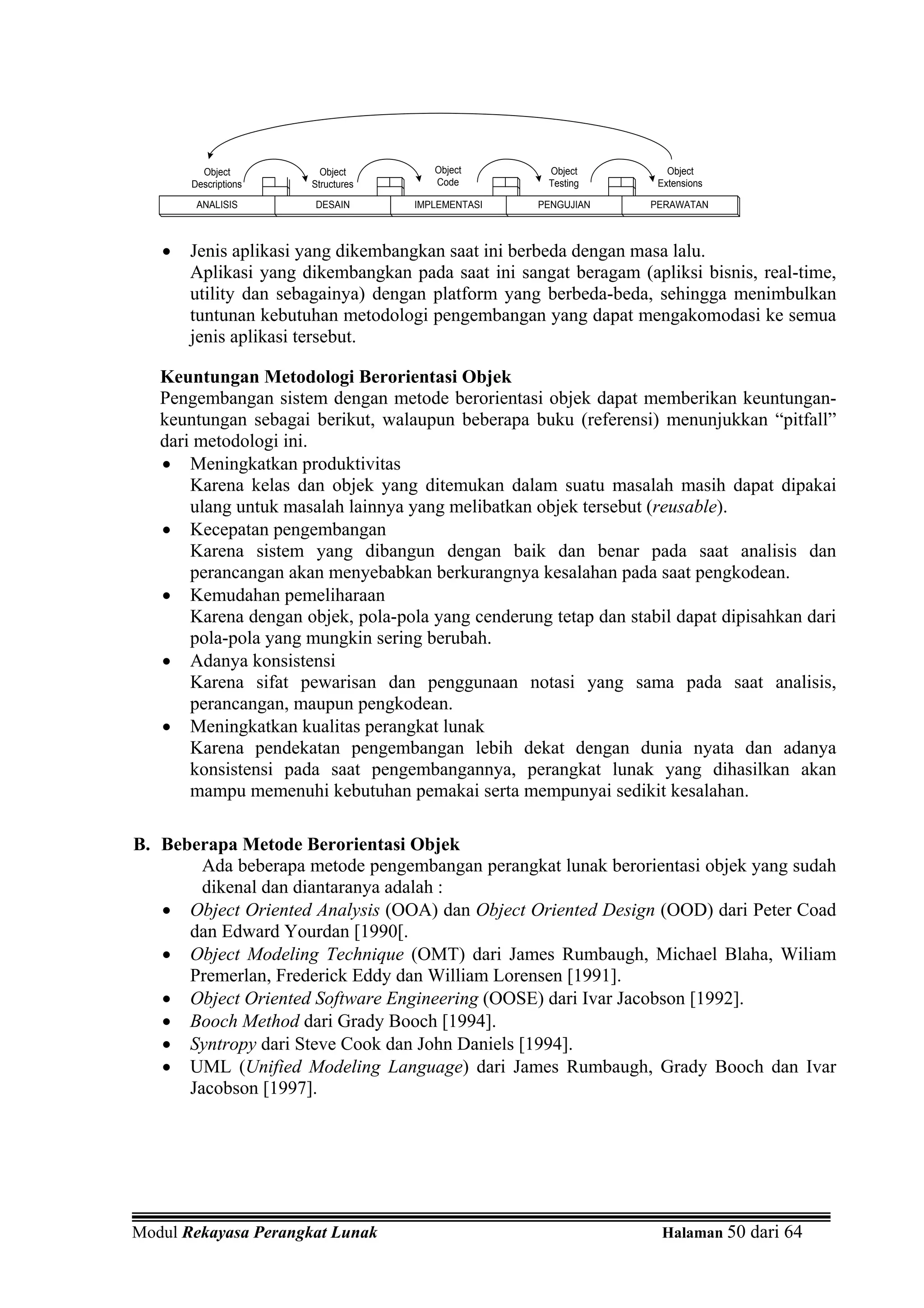 Object         Object         Object        Object          Object
       Descriptions   Structures       Code          Testing       Extensions

        ANALISIS       DESAIN       IMPLEMENTASI    PENGUJIAN     PERAWATAN



   •   Jenis aplikasi yang dikembangkan saat ini berbeda dengan masa lalu.
       Aplikasi yang dikembangkan pada saat ini sangat beragam (apliksi bisnis, real-time,
       utility dan sebagainya) dengan platform yang berbeda-beda, sehingga menimbulkan
       tuntunan kebutuhan metodologi pengembangan yang dapat mengakomodasi ke semua
       jenis aplikasi tersebut.

   Keuntungan Metodologi Berorientasi Objek
   Pengembangan sistem dengan metode berorientasi objek dapat memberikan keuntungan-
   keuntungan sebagai berikut, walaupun beberapa buku (referensi) menunjukkan “pitfall”
   dari metodologi ini.
   • Meningkatkan produktivitas
       Karena kelas dan objek yang ditemukan dalam suatu masalah masih dapat dipakai
       ulang untuk masalah lainnya yang melibatkan objek tersebut (reusable).
   • Kecepatan pengembangan
       Karena sistem yang dibangun dengan baik dan benar pada saat analisis dan
       perancangan akan menyebabkan berkurangnya kesalahan pada saat pengkodean.
   • Kemudahan pemeliharaan
       Karena dengan objek, pola-pola yang cenderung tetap dan stabil dapat dipisahkan dari
       pola-pola yang mungkin sering berubah.
   • Adanya konsistensi
       Karena sifat pewarisan dan penggunaan notasi yang sama pada saat analisis,
       perancangan, maupun pengkodean.
   • Meningkatkan kualitas perangkat lunak
       Karena pendekatan pengembangan lebih dekat dengan dunia nyata dan adanya
       konsistensi pada saat pengembangannya, perangkat lunak yang dihasilkan akan
       mampu memenuhi kebutuhan pemakai serta mempunyai sedikit kesalahan.

B. Beberapa Metode Berorientasi Objek
        Ada beberapa metode pengembangan perangkat lunak berorientasi objek yang sudah
        dikenal dan diantaranya adalah :
   • Object Oriented Analysis (OOA) dan Object Oriented Design (OOD) dari Peter Coad
      dan Edward Yourdan [1990[.
   • Object Modeling Technique (OMT) dari James Rumbaugh, Michael Blaha, Wiliam
      Premerlan, Frederick Eddy dan William Lorensen [1991].
   • Object Oriented Software Engineering (OOSE) dari Ivar Jacobson [1992].
   • Booch Method dari Grady Booch [1994].
   • Syntropy dari Steve Cook dan John Daniels [1994].
   • UML (Unified Modeling Language) dari James Rumbaugh, Grady Booch dan Ivar
      Jacobson [1997].




Modul Rekayasa Perangkat Lunak                                      Halaman 50 dari 64
 