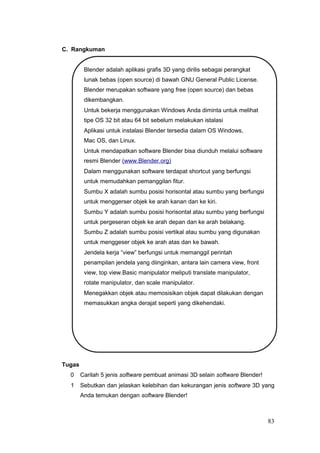 C. Rangkuman
Blender adalah aplikasi grafis 3D yang dirilis sebagai perangkat
lunak bebas (open source) di bawah GNU General Public License.
Blender merupakan software yang free (open source) dan bebas
dikembangkan.
Untuk bekerja menggunakan Windows Anda diminta untuk melihat
tipe OS 32 bit atau 64 bit sebelum melakukan istalasi
Aplikasi untuk instalasi Blender tersedia dalam OS Windows,
Mac OS, dan Linux.
Untuk mendapatkan software Blender bisa diunduh melalui software
resmi Blender (www.Blender.org)
Dalam menggunakan software terdapat shortcut yang berfungsi
untuk memudahkan pemanggilan fitur.
Sumbu X adalah sumbu posisi horisontal atau sumbu yang berfungsi
untuk menggerser objek ke arah kanan dan ke kiri.
Sumbu Y adalah sumbu posisi horisontal atau sumbu yang berfungsi
untuk pergeseran objek ke arah depan dan ke arah belakang.
Sumbu Z adalah sumbu posisi vertikal atau sumbu yang digunakan
untuk menggeser objek ke arah atas dan ke bawah.
Jendela kerja “view” berfungsi untuk memanggil perintah
penampilan jendela yang diinginkan, antara lain camera view, front
view, top view.Basic manipulator meliputi translate manipulator,
rotate manipulator, dan scale manipulator.
Menegakkan objek atau memosisikan objek dapat dilakukan dengan
memasukkan angka derajat seperti yang dikehendaki.
Tugas
0 Carilah 5 jenis software pembuat animasi 3D selain software Blender!
1 Sebutkan dan jelaskan kelebihan dan kekurangan jenis software 3D yang
Anda temukan dengan software Blender!
83
 