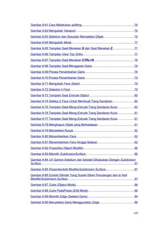 Gambar II-61 Cara Melakukan splitting...............................................................76
Gambar II-62 Mengubah Viewport......................................................................76
Gambar II-63 Sebelum dan Sesudah Menseleksi Objek.....................................76
Gambar II-64 Mengubah Mode...........................................................................77
Gambar II-65 Tampilan Saat Menekan S dan Saat Menekan Z..........................77
Gambar II-66 Tampilan View Top Ortho.............................................................77
Gambar II-67 Tampilan Saat Menekan CTRL+R................................................78
Gambar II-68 Tampilan Saat Menggeser Garis..................................................78
Gambar II-69 Proses Penambahan Garis...........................................................78
Gambar II-70 Proses Penambahan Garis...........................................................79
Gambar II-71 Mengubah Face Select.................................................................79
Gambar II-72 Selesksi 4 Face............................................................................79
Gambar II-73 Tampilan Saat Extrude Object......................................................80
Gambar II-74 Seleksi 2 Face Untuk Membuat Tiang Sandaran..........................80
Gambar II-75 Tampilan Saat Meng-Extrude Tiang Sandaran Kursi....................80
Gambar II-76 Tampilan Saat Meng-Extrude Tiang Sandaran Kursi....................81
Gambar II-77 Tampilan Saat Meng-Extrude Tiang Sandaran Kursi....................81
Gambar II-78 Menghapus Objek yang Berhadapan............................................81
Gambar II-79 Menseleksi Rusuk.........................................................................82
Gambar II-80 Menambahkan Face.....................................................................82
Gambar II-81 Menambahkan Face Hingga Selesai............................................82
Gambar II-82 Properties Object Modifier............................................................86
Gambar II-83 Memilih SubdivisionSurface..........................................................86
Gambar II-84 UV Sphere Sebelum dan Setelah Dihaluskan Dengan Subdivision
Surface...............................................................................................................87
Gambar II-85 PropertiesAdd ModifierSubdivision Surface..................................87
Gambar II-86 Contoh Silinder Yang Sudah Diberi Penulangan dan di Add
ModifierSubdivision Surface...............................................................................87
Gambar II-87 Cube (Object Mode)......................................................................88
Gambar II-88 Cube PadaPosisi (Edit Mode).......................................................88
Gambar II-89 Memilih Edge (Seleksi Garis)........................................................89
Gambar II-90 Menyeleksi Garis Menggunakan Edge..........................................89
xiii
 