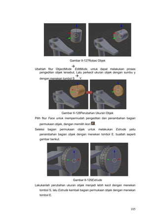 Gambar II-127Rotasi Objek
Ubahlah fitur ObjectMode

EditMode, untuk dapat melakukan proses
pengeditan objek tersebut, Lalu perkecil ukuran objek dengan sumbu y
dengan menekan tombol S

Y.
Gambar II-128Perubahan Ukuran Objek
Pilih fitur Face untuk mempermudah pengeditan dan penambahan bagian
permukaan objek, dengan memilih ikon .
Seleksi bagian permukaan objek untuk melakukan Extrude yaitu
penambahan bagian objek dengan menekan tombol E. buatlah seperti
gambar berikut.
Gambar II-129Extrude
Lakukanlah perubahan ukuran objek menjadi lebih kecil dengan menekan
tombol S, lalu Extrude kembali bagian permukaan objek dengan menekan
tombol E.
105
 