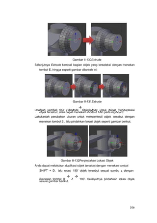 Gambar II-130Extrude
Selanjutnya Extrude kembali bagian objek yang terseleksi dengan menekan
tombol E, hingga seperti gambar dibawah ini.
Gambar II-131Extrude
Ubahlah kembali fitur EditMode

ObjectMode untuk dapat menduplikasi
objek tersebut, atau dapat menekan shortcut TAB pada keyboard.
Lakukanlah perubahan ukuran untuk memperkecil objek tersebut dengan
menekan tombol S , lalu pindahkan lokasi objek seperti gambar berikut.
Gambar II-132Perpindahan Lokasi Objek
Anda dapat melakukan duplikasi objek tersebut dengan menekan tombol
SHIFT + D, lalu rotasi 180’ objek tersebut sesuai sumbu z dengan
menekan tombol R

Z

180’. Selanjutnya pindahkan lokasi objek
sesuai gambar berikut.
106
 