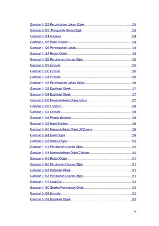 Gambar II-122 Perpindahan Lokasi Objek........................................................103
Gambar II-123 Mengubah Nama Objek...........................................................103
Gambar II-124 Boolean.....................................................................................104
Gambar II-125 Hasil Boolean............................................................................104
Gambar II-126 Perpindahan Lokasi..................................................................104
Gambar II-127 Rotasi Objek.............................................................................105
Gambar II-128 Perubahan Ukuran Objek..........................................................105
Gambar II-129 Extrude.....................................................................................105
Gambar II-130 Extrude.....................................................................................106
Gambar II-131 Extrude.....................................................................................106
Gambar II-132 Perpindahan Lokasi Objek........................................................106
Gambar II-133 Duplikasi Objek.........................................................................107
Gambar II-134 Duplikasi Objek.........................................................................107
Gambar II-135 Menambahkan Objek Kubus.....................................................107
Gambar II-136 LoopCut....................................................................................108
Gambar II-137 Extrude.....................................................................................108
Gambar II-138 Proses Boolean.........................................................................108
Gambar II-139 Hasil Boolean............................................................................109
Gambar II-140 Menambahkan Objek UVSphere..............................................109
Gambar II-141 Hasil Objek...............................................................................109
Gambar II-142 Rotasi Objek.............................................................................110
Gambar II-143 Perubahan Ukuran Objek..........................................................110
Gambar II-144 Menambahkan Objek Cylinder..................................................110
Gambar II-145 Rotasi Objek.............................................................................111
Gambar II-146 Perubahan Ukuran Objek..........................................................111
Gambar II-147 Duplikasi Objek.........................................................................111
Gambar II-148 Perubahan Ukuran Objek..........................................................111
Gambar II-149 LoopCut....................................................................................112
Gambar II-150 Seleksi Permukaan Objek.........................................................112
Gambar II-151 Extrude.....................................................................................112
Gambar II-152 Duplikasi Objek.........................................................................113
xv
 