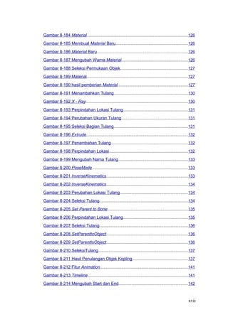Gambar II-184 Material.....................................................................................126
Gambar II-185 Membuat Material Baru.............................................................126
Gambar II-186 Material Baru............................................................................126
Gambar II-187 Mengubah Warna Material........................................................126
Gambar II-188 Seleksi Permukaan Objek.........................................................127
Gambar II-189 Material.....................................................................................127
Gambar II-190 hasil pemberian Material...........................................................127
Gambar II-191 Menambahkan Tulang..............................................................130
Gambar II-192 X - Ray......................................................................................130
Gambar II-193 Perpindahan Lokasi Tulang......................................................131
Gambar II-194 Perubahan Ukuran Tulang........................................................131
Gambar II-195 Seleksi Bagian Tulang..............................................................131
Gambar II-196 Extrude.....................................................................................132
Gambar II-197 Penambahan Tulang.................................................................132
Gambar II-198 Perpindahan Lokasi..................................................................132
Gambar II-199 Mengubah Nama Tulang...........................................................133
Gambar II-200 PoseMode.................................................................................133
Gambar II-201 InverseKinematics.....................................................................133
Gambar II-202 InverseKinematics.....................................................................134
Gambar II-203 Perubahan Lokasi Tulang.........................................................134
Gambar II-204 Seleksi Tulang..........................................................................134
Gambar II-205 Set Parent to Bone....................................................................135
Gambar II-206 Perpindahan Lokasi Tulang......................................................135
Gambar II-207 Seleksi Tulang..........................................................................136
Gambar II-208 SetParenttoObject.....................................................................136
Gambar II-209 SetParenttoObject.....................................................................136
Gambar II-210 SeleksiTulang...........................................................................137
Gambar II-211 Hasil Penulangan Objek Kopling...............................................137
Gambar II-212 Fitur Animation..........................................................................141
Gambar II-213 Timeline....................................................................................141
Gambar II-214 Mengubah Start dan End..........................................................142
xvii
 