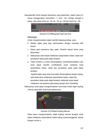 Sesuaikanlah frame dengan kebutuhan yang diperlukan, dalam kasus ini
hanya menggunakan frameStart: 1 I End : 80. Terbagi menjadi 4
tahap, yaitu pada frame ke - 20, ke - 40, ke - 60 dan frame ke – 80
Gambar II-214Mengubah Start dan End
Keterangan:
Untuk menganimasikan objek memiliki beberapa tahap, yaitu:
0 Seleksi objek yang ingin dianimasikan dengan menekan Klik
Kanan.
1 Geser garis berwarna hijau pada Timeline sesuai frame yang
dibutuhkan.
2 Selanjutnya anda dapat melakukan perpindahan lokasi, rotasi dan
perubahan skala pada objek tersebut.
3 Tekan tombol [ i ] untuk menampilakan InsertKeyframeMenu, lalu
anda dapat memilih LocRotScale untuk merekam hasil
perpindahan lokasi, rotasi dan perubahan skala pada objek
tersebut.
Apabila objek yang anda buat telah dihubungakan dengan tulang,
anda tidak perlu melakukan perpindahan lokasi, rotasi dan
perubahan skala pada objek tersebut melainkan anda dapat
melakukan hal tersebut pada tulang dengan fitur PoseMode.
Selanjutnya anda dapat menganimasikan cara kerja model objek kopling
manual yang telah anda buat sebelumnya.
Gambar II-215Objek Kopling Manual
Pada kasus menganimasikan objek kopling manual tersebut anda
dapat melakukan perpindahan lokasi tulang “pusat penggerak” sesuai
dengan sumbu y.
142
 