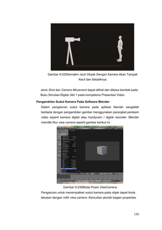 Gambar II-229Semakin Jauh Obyek Dengan Kamera Akan Tampak
Kecil dan Sebaliknya
Jenis Shot dan Camera Movement dapat dilihat dan dibaca kembali pada
Buku Simulasi Digital Jilid 1 pada kompetensi Presentasi Video.
Pengambilan Sudut Kamera Pada Software Blender
Dalam pengaturan sudut kamera pada aplikasi blender sangatlah
berbeda dengan pengambilan gambar menggunakan perangkat perekam
video seperti kamera digital atau handycam / digital recorder. Blender
memiliki fitur view camera seperti gambar berikut ini.
Gambar II-230Mode Posisi ViewCamera
Pengaturan untuk menempatkan sudut kamera pada objek dapat Anda
lakukan dengan milih view camera. Kemudian aturlah bagian properties
150
 