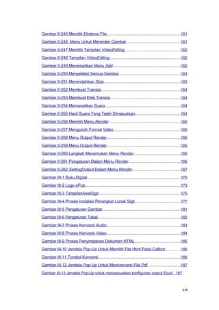 Gambar II-245 Memilik Ekstensi File................................................................161
Gambar II-246 Menu Untuk Merender Gambar...............................................161
Gambar II-247 Memilih Tampilan VideoEditing.................................................162
Gambar II-248 Tampilan VideoEditing..............................................................162
Gambar II-249 Menampilkan Menu Add...........................................................162
Gambar II-250 Menyeleksi Semua Gambar......................................................163
Gambar II-251 Memindahkan Strip...................................................................163
Gambar II-252 Membuat Transisi.....................................................................164
Gambar II-253 Membuat Efek Transisi.............................................................164
Gambar II-254 Memasukkan Suara..................................................................164
Gambar II-255 Hasil Suara Yang Telah Dimasukkan........................................164
Gambar II-256 Memilih Menu Render...............................................................165
Gambar II-257 Mengubah Format Video...........................................................165
Gambar II-258 Menu Output Render................................................................165
Gambar II-259 Menu Output Render................................................................165
Gambar II-260 Langkah Menemukan Menu Render.........................................166
Gambar II-261 Pengaturan Dalam Menu Render.............................................166
Gambar II-262 SettingOutput Dalam Menu Render..........................................167
Gambar III-1 Buku Digital..................................................................................170
Gambar III-2 Logo ePub...................................................................................173
Gambar III-3 TampilanAwalSigil........................................................................175
Gambar III-4 Proses Instalasi Perangkat Lunak Sigil........................................177
Gambar III-5 Pengaturan Gambar....................................................................181
Gambar III-6 Pengaturan Tabel........................................................................182
Gambar III-7 Proses Konversi Audio.................................................................183
Gambar III-8 Proses Konversi Video.................................................................184
Gambar III-9 Proses Penyimpanan Dokumen HTML........................................185
Gambar III-10 Jendela Pop-Up Untuk Memilih File Html Pada Calibre.............186
Gambar III-11 Tombol Konversi........................................................................186
Gambar III-12 Jendela Pop-Up Untuk Menkonversi File Pdf.............................187
Gambar III-13 Jendela Pop-Up untuk menyesuaikan konfigurasi output Epub . 187
xix
 