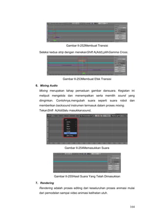 Gambar II-252Membuat Transisi
Seleksi kedua strip dengan menekanShift A(Add),pilihGamma Cross.
Gambar II-253Membuat Efek Transisi
6. Mixing Audio
Mixing merupakan tahap pemaduan gambar dansuara. Kegiatan ini
meliputi mengelola dan menempatkan serta memilih sound yang
diinginkan. Contohnya,mengubah suara seperti suara robot dan
memberikan backsound instrumen termasuk dalam proses mixing.
TekanShift A(Add)lalu masukkansound.
Gambar II-254Memasukkan Suara
Gambar II-255Hasil Suara Yang Telah Dimasukkan
7. Rendering
Rendering adalah proses editing dari keseluruhan proses animasi mulai
dari pemodelan sampai video animasi kelihatan utuh.
164
 