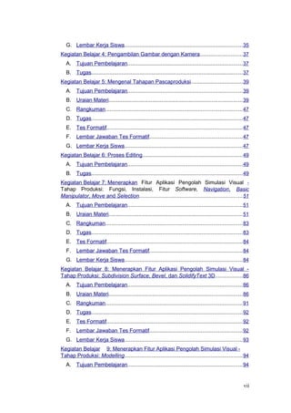G. Lembar Kerja Siswa..............................................................................35
Kegiatan Belajar 4: Pengambilan Gambar dengan Kamera............................37
A. Tujuan Pembelajaran............................................................................37
B. Tugas....................................................................................................37
Kegiatan Belajar 5: Mengenal Tahapan Pascaproduksi..................................39
A. Tujuan Pembelajaran............................................................................39
B. Uraian Materi........................................................................................39
C. Rangkuman..........................................................................................47
D. Tugas....................................................................................................47
E. Tes Formatif..........................................................................................47
F. Lembar Jawaban Tes Formatif.............................................................47
G. Lembar Kerja Siswa..............................................................................47
Kegiatan Belajar 6: Proses Editing..................................................................49
A. Tujuan Pembelajaran............................................................................49
B. Tugas....................................................................................................49
Kegiatan Belajar 7: Menerapkan Fitur Aplikasi Pengolah Simulasi Visual -
Tahap Produksi: Fungsi, Instalasi, Fitur Software, Navigation, Basic
Manipulator, Move and Selection....................................................................51
A. Tujuan Pembelajaran............................................................................51
B. Uraian Materi........................................................................................51
C. Rangkuman..........................................................................................83
D. Tugas....................................................................................................83
E. Tes Formatif..........................................................................................84
F. Lembar Jawaban Tes Formatif.............................................................84
G. Lembar Kerja Siswa..............................................................................84
Kegiatan Belajar 8: Menerapkan Fitur Aplikasi Pengolah Simulasi Visual -
Tahap Produksi: Subdivision Surface, Bevel, dan SolidifyText 3D..................86
A. Tujuan Pembelajaran............................................................................86
B. Uraian Materi........................................................................................86
C. Rangkuman..........................................................................................91
D. Tugas....................................................................................................92
E. Tes Formatif..........................................................................................92
F. Lembar Jawaban Tes Formatif.............................................................92
G. Lembar Kerja Siswa..............................................................................93
Kegiatan Belajar 9: Menerapkan Fitur Aplikasi Pengolah Simulasi Visual -
Tahap Produksi: Modelling..............................................................................94
A. Tujuan Pembelajaran............................................................................94
vii
 