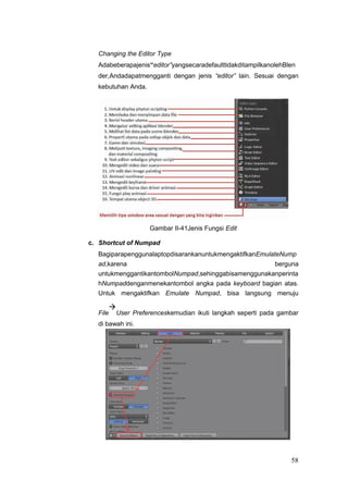 Changing the Editor Type
Adabeberapajenis“editor”yangsecaradefaulttidakditampilkanolehBlen
der,Andadapatmengganti dengan jenis “editor” lain. Sesuai dengan
kebutuhan Anda.
Gambar II-41Jenis Fungsi Edit
c. Shortcut of Numpad
BagiparapenggunalaptopdisarankanuntukmengaktifkanEmulateNump
ad,karena berguna
untukmenggantikantombolNumpad,sehinggabisamenggunakanperinta
hNumpaddenganmenekantombol angka pada keyboard bagian atas.
Untuk mengaktifkan Emulate Numpad, bisa langsung menuju
File

User Preferenceskemudian ikuti langkah seperti pada gambar
di bawah ini.
58
 