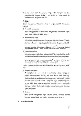 0 Scale Manipulator, fitur yang berfungsi untuk memperbesar dan
memperkecil ukuran objek. Fitur scale ini juga dapat di
kombinasikan dengan sumbu 3D.
Praktik :
Dalam menggunakan fitur manipulator ini dengan memilih di menubar
Blender.
0 Translate Manipulator
Cara menggunakan fitur ini sama dengan cara menyeleksi objek
yaitu tekan klik kanan pada objek.
1 Rotate Manipulator
Shortcut untuk menggunakan ini dengan menekan huruf “R” pada
keyboard. Rotasi ini dapat juga dikombinasikan dengan sumbu 3D
dengan perintah kombinasi. Misalkan : “R

Y” artinya dirotasi
berdasarkan sumbu Y atau sumbu arah depan atau belakang.
2 Scale Manipulator
Shortcut scale manipulator adalah huruf ”S”.Tombol pintas skala
ini dapat dikombinasikan dengan perintah sumbu yang diinginkan.
Contoh: Dengan menombol perintah “S

Z” artinya objek diubah
skalanya berdasarkan sumbu z atau arah vertikal.
Dalam modelling ada beberapa perintah yang sering digunakan, antar
lain:
0 Mouse Navigation
Menampilkan zoom in dan zoom out dengan cara menggeser
scrool mouse(middle mouse) ke arah depan dan belakang.
Melihat objek secara keseluruhan dengan cara klik tengah (middle
mouse) geser ke arah kanan. Menggeser objek tanpa mengubah
posisi objek pada area kerja dengan menekan tombol shift pada
keyboard tahan klik tengah (middle mouse) dan geser ke arah
yang diinginkan.
1 Grabbe
Fitur untuk menggeser objek secara bebas, caranya adalah
dengan seleksi objek “klik kanan” kemudian tekan huruf “G”.
1 Basic Manipulator
67
 