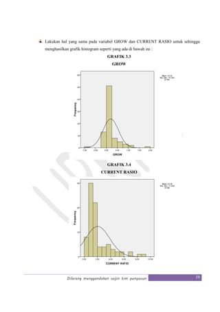 Dilarang menggandakan seijin tim penyusun 29
Lakukan hal yang sama pada variabel GROW dan CURRENT RASIO untuk sehingga
menghasilkan grafik histogram seperti yang ada di bawah ini :
GRAFIK 3.3
GROW
GRAFIK 3.4
CURRENT RASIO
 
