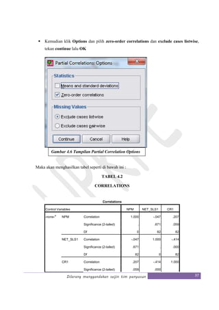 Dilarang menggandakan seijin tim penyusun 37
Kemudian klik Options dan pilih zero-order correlations dan exclude cases listwise,
tekan continue lalu OK
Maka akan menghasilkan tabel seperti di bawah ini :
TABEL 4.2
CORRELATIONS
Correlations
Control Variables NPM NET_SLS1 CR1
-none-
a
NPM Correlation 1.000 -.047 .207
Significance (2-tailed) . .671 .059
Df 0 82 82
NET_SLS1 Correlation -.047 1.000 -.414
Significance (2-tailed) .671 . .000
Df 82 0 82
CR1 Correlation .207 -.414 1.000
Significance (2-tailed) .059 .000 .
Gambar 4.6 Tampilan Partial Correlation Options
 