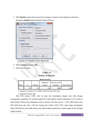 Dilarang menggandakan seijin tim penyusun 50
3. Pilih Statistics maka akan muncul layar tampilan windows Linear Regression Statistics.
Kemudian cheklist bagian Residuals Durbin-Watson.
4. Pilih Continue kemudian OK.
5. akan muncul output :
TABEL 6.4
MODEL SUMMARY
Model Summary
b
Model R R Square
Adjusted R
Square
Std. Error of the
Estimate Durbin-Watson
1 .716
a
.512 .474 .58837 2.096
a. Predictors: (Constant), CR1, GROW1, NPM, STR_AKT, NET_SLS1
b. Dependent Variable: DER
Nilai DW sebesar 2.096, nilai ini akan kita bandingkan dengan nilai table dengan
menggunakan signifikasi 5%, jumlah sampel 84 (n) dan jumlah variabel independen 5 (k=5) maka di
table Durbin Waston akan didapatkan nilai du sebesar1.386 dan nilai dl = 1.630. Oleh karena nilai
DW lebih besar dari (du) 1.386 dan kurang dari 4-dl(4-1.630=3.370), maka dapat disimpulkan
bahwa H0 diterima yaitu tidak adanya atau tidak terdapat autokolerasi. (untuk angka du dan dl dapat
dilihat di tabel).
Gambar 6.6 Tampilan Linear Regression
Statistics
 