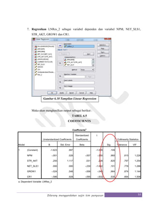 Dilarang menggandakan seijin tim penyusun 53
7. Regresikan LNRes_2 sebagai variabel dependen dan variabel NPM, NET_SLS1,
STR_AKT, GROW1 dan CR1.
Maka akan menghasilkan output sebagai berikut :
TABEL 6.5
COEFFICIENTS
Coefficients
a
Model
Unstandardized Coefficients
Standardized
Coefficients
t
Sig.
Collinearity Statistics
B Std. Error Beta Tolerance VIF
1 (Constant) -1.623 .997 -1.628 .109
NPM -.001 .028 -.007 -.050 .960 .815 1.228
STR_AKT .255 1.117 .031 .228 .820 .797 1.254
NET_SLS1 .000 .000 -.230 -1.662 .101 .778 1.286
GROW1 -.024 .548 -.006 -.045 .964 .874 1.144
CR1 -.586 .928 -.095 -.632 .530 .664 1.506
a. Dependent Variable: LNRes_2
Gambar 6.10 Tampilan Linear Regression
 