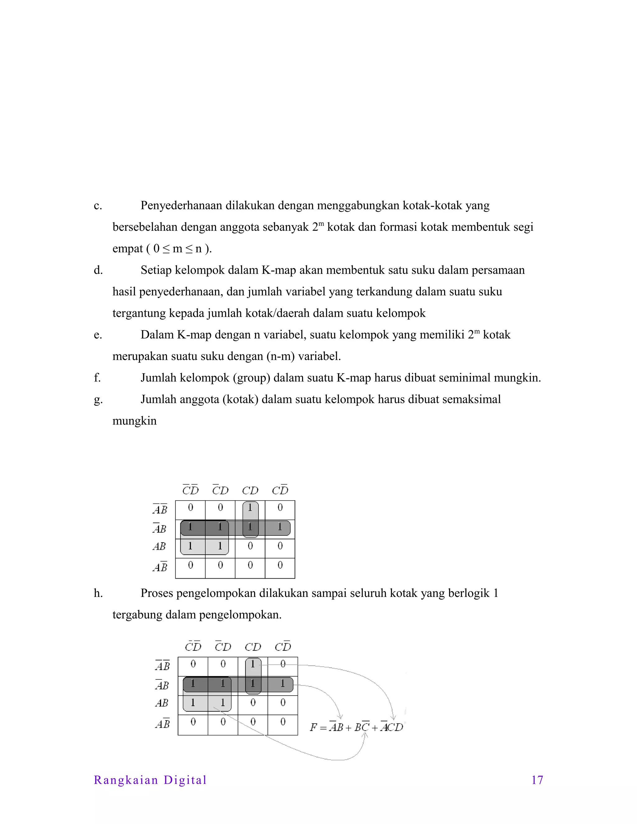 c.

Penyederhanaan dilakukan dengan menggabungkan kotak-kotak yang
bersebelahan dengan anggota sebanyak 2m kotak dan formasi kotak membentuk segi
empat ( 0 ≤ m ≤ n ).

d.

Setiap kelompok dalam K-map akan membentuk satu suku dalam persamaan
hasil penyederhanaan, dan jumlah variabel yang terkandung dalam suatu suku
tergantung kepada jumlah kotak/daerah dalam suatu kelompok

e.

Dalam K-map dengan n variabel, suatu kelompok yang memiliki 2m kotak
merupakan suatu suku dengan (n-m) variabel.

f.

Jumlah kelompok (group) dalam suatu K-map harus dibuat seminimal mungkin.

g.

Jumlah anggota (kotak) dalam suatu kelompok harus dibuat semaksimal
mungkin

h.

Proses pengelompokan dilakukan sampai seluruh kotak yang berlogik 1
tergabung dalam pengelompokan.

Rangkaian Digital

17

 