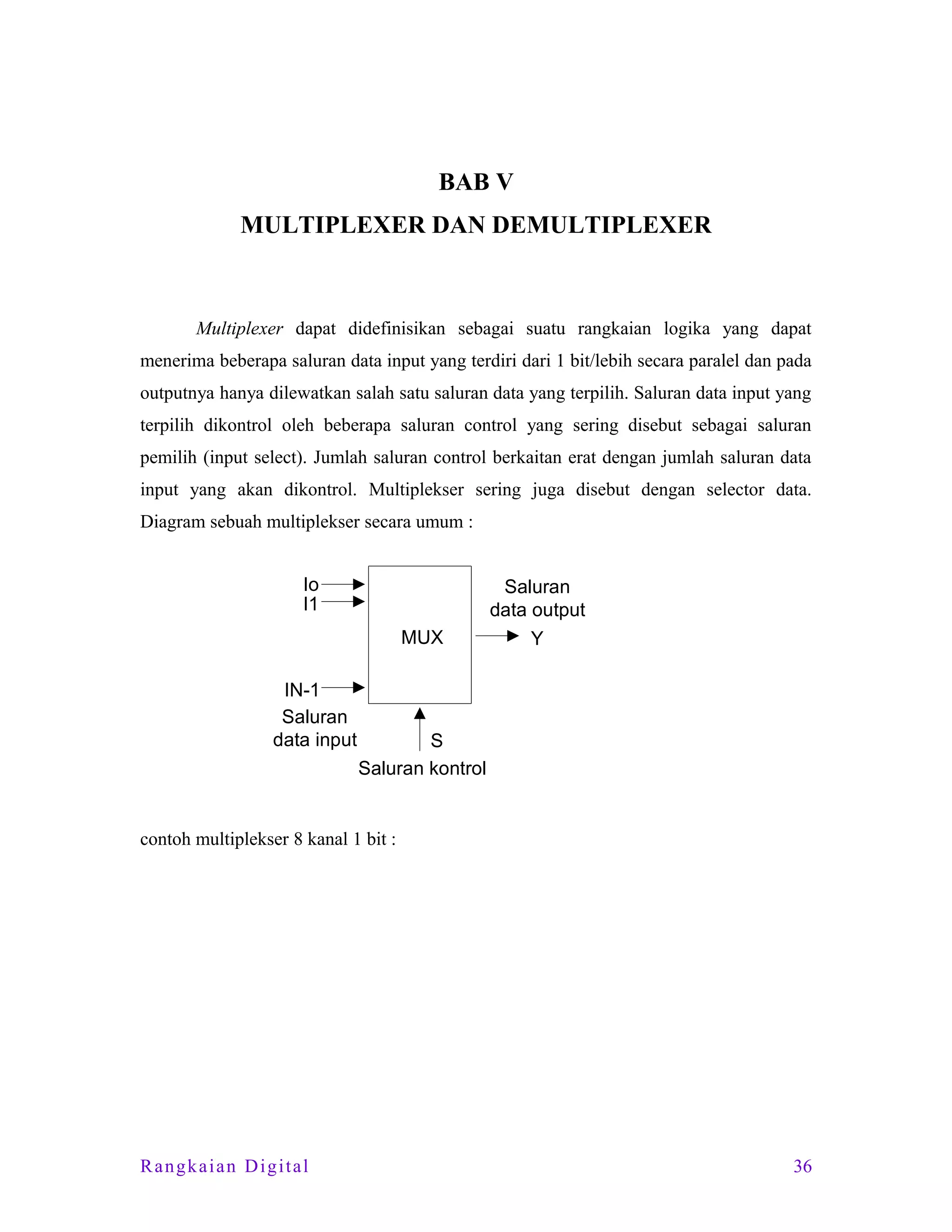 BAB V
MULTIPLEXER DAN DEMULTIPLEXER

Multiplexer dapat didefinisikan sebagai suatu rangkaian logika yang dapat
menerima beberapa saluran data input yang terdiri dari 1 bit/lebih secara paralel dan pada
outputnya hanya dilewatkan salah satu saluran data yang terpilih. Saluran data input yang
terpilih dikontrol oleh beberapa saluran control yang sering disebut sebagai saluran
pemilih (input select). Jumlah saluran control berkaitan erat dengan jumlah saluran data
input yang akan dikontrol. Multiplekser sering juga disebut dengan selector data.
Diagram sebuah multiplekser secara umum :

Io
I1

Saluran
data output
MUX

IN-1
Saluran
data input

Y

S
Saluran kontrol

contoh multiplekser 8 kanal 1 bit :

Rangkaian Digital

36

 