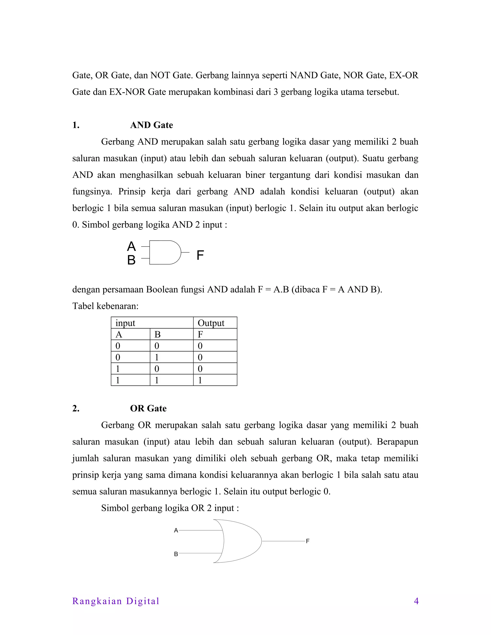 Gate, OR Gate, dan NOT Gate. Gerbang lainnya seperti NAND Gate, NOR Gate, EX-OR
Gate dan EX-NOR Gate merupakan kombinasi dari 3 gerbang logika utama tersebut.
1.

AND Gate
Gerbang AND merupakan salah satu gerbang logika dasar yang memiliki 2 buah

saluran masukan (input) atau lebih dan sebuah saluran keluaran (output). Suatu gerbang
AND akan menghasilkan sebuah keluaran biner tergantung dari kondisi masukan dan
fungsinya. Prinsip kerja dari gerbang AND adalah kondisi keluaran (output) akan
berlogic 1 bila semua saluran masukan (input) berlogic 1. Selain itu output akan berlogic
0. Simbol gerbang logika AND 2 input :

A
B

F

dengan persamaan Boolean fungsi AND adalah F = A.B (dibaca F = A AND B).
Tabel kebenaran:
input
A
0
0
1
1
2.

Output
F
0
0
0
1

B
0
1
0
1

OR Gate
Gerbang OR merupakan salah satu gerbang logika dasar yang memiliki 2 buah

saluran masukan (input) atau lebih dan sebuah saluran keluaran (output). Berapapun
jumlah saluran masukan yang dimiliki oleh sebuah gerbang OR, maka tetap memiliki
prinsip kerja yang sama dimana kondisi keluarannya akan berlogic 1 bila salah satu atau
semua saluran masukannya berlogic 1. Selain itu output berlogic 0.
Simbol gerbang logika OR 2 input :
A
F
B

Rangkaian Digital

4

 