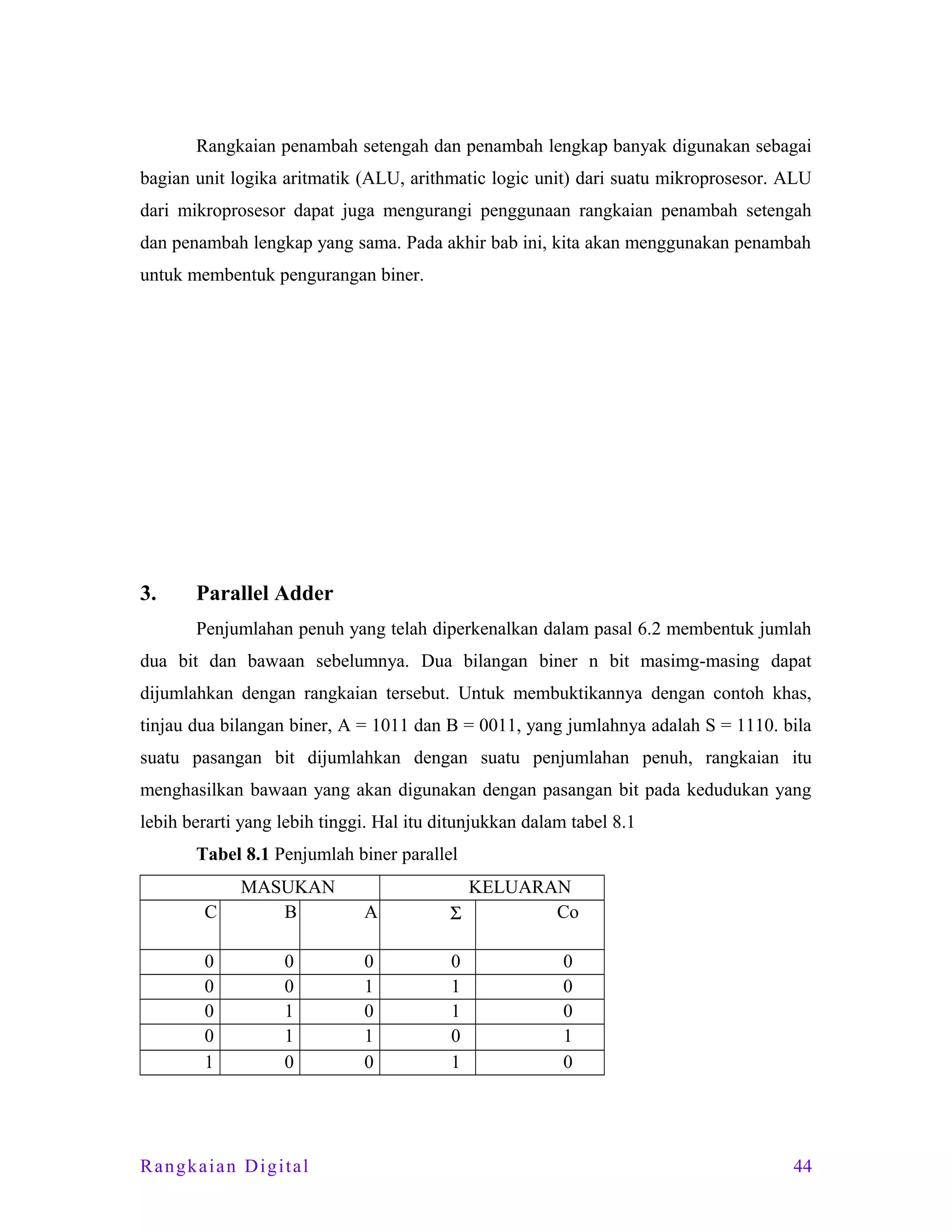Rangkaian penambah setengah dan penambah lengkap banyak digunakan sebagai
bagian unit logika aritmatik (ALU, arithmatic logic unit) dari suatu mikroprosesor. ALU
dari mikroprosesor dapat juga mengurangi penggunaan rangkaian penambah setengah
dan penambah lengkap yang sama. Pada akhir bab ini, kita akan menggunakan penambah
untuk membentuk pengurangan biner.

3.

Parallel Adder
Penjumlahan penuh yang telah diperkenalkan dalam pasal 6.2 membentuk jumlah

dua bit dan bawaan sebelumnya. Dua bilangan biner n bit masimg-masing dapat
dijumlahkan dengan rangkaian tersebut. Untuk membuktikannya dengan contoh khas,
tinjau dua bilangan biner, A = 1011 dan B = 0011, yang jumlahnya adalah S = 1110. bila
suatu pasangan bit dijumlahkan dengan suatu penjumlahan penuh, rangkaian itu
menghasilkan bawaan yang akan digunakan dengan pasangan bit pada kedudukan yang
lebih berarti yang lebih tinggi. Hal itu ditunjukkan dalam tabel 8.1
Tabel 8.1 Penjumlah biner parallel
C

MASUKAN
B

A

KELUARAN
Co
Σ

0
0
0
0
1

0
0
1
1
0

0
1
0
1
0

0
1
1
0
1

Rangkaian Digital

0
0
0
1
0

44

 