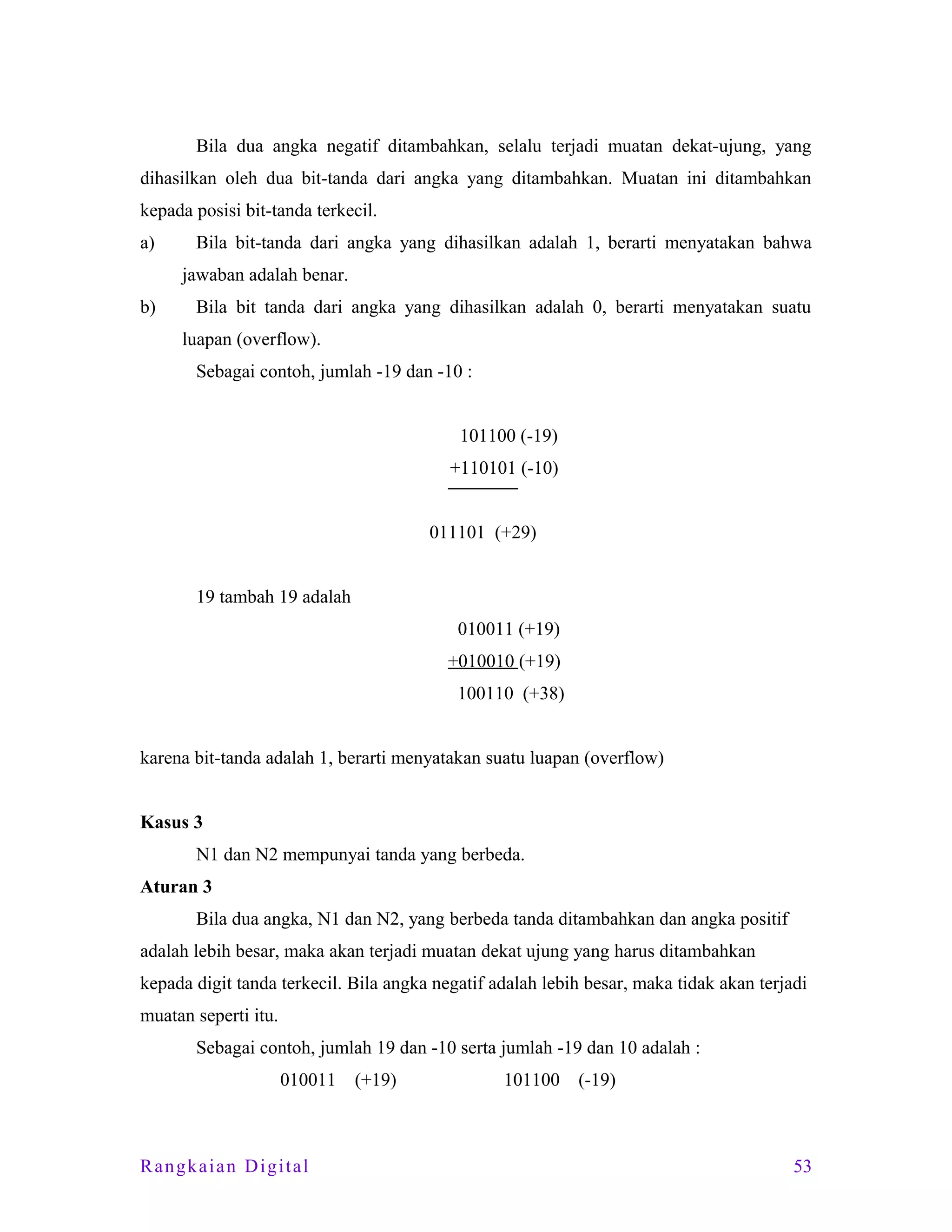 Bila dua angka negatif ditambahkan, selalu terjadi muatan dekat-ujung, yang
dihasilkan oleh dua bit-tanda dari angka yang ditambahkan. Muatan ini ditambahkan
kepada posisi bit-tanda terkecil.
a)

Bila bit-tanda dari angka yang dihasilkan adalah 1, berarti menyatakan bahwa
jawaban adalah benar.

b)

Bila bit tanda dari angka yang dihasilkan adalah 0, berarti menyatakan suatu
luapan (overflow).
Sebagai contoh, jumlah -19 dan -10 :
101100 (-19)
+110101 (-10)
011101 (+29)
19 tambah 19 adalah
010011 (+19)
+010010 (+19)
100110 (+38)

karena bit-tanda adalah 1, berarti menyatakan suatu luapan (overflow)
Kasus 3
N1 dan N2 mempunyai tanda yang berbeda.
Aturan 3
Bila dua angka, N1 dan N2, yang berbeda tanda ditambahkan dan angka positif
adalah lebih besar, maka akan terjadi muatan dekat ujung yang harus ditambahkan
kepada digit tanda terkecil. Bila angka negatif adalah lebih besar, maka tidak akan terjadi
muatan seperti itu.
Sebagai contoh, jumlah 19 dan -10 serta jumlah -19 dan 10 adalah :
010011

Rangkaian Digital

(+19)

101100

(-19)

53

 
